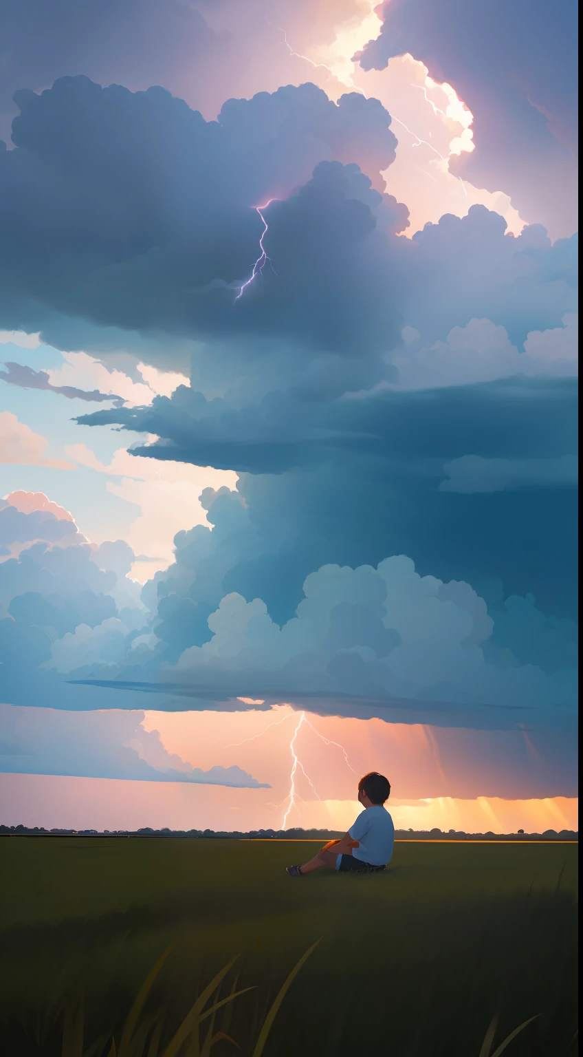 A  sitting facing, en una pradera florida y soleada. On the horizon behind him is an ominous storm with lightning and lightning approaching. , la escena es de paz, con muchos detalles y texturas, ultra-high def