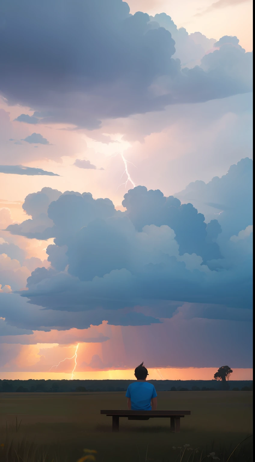 A child sitting facing, en una pradera florida y soleada. On the horizon behind him is an ominous storm with lightning and lightning approaching. , la escena es de paz, con muchos detalles y texturas, ultra-high def