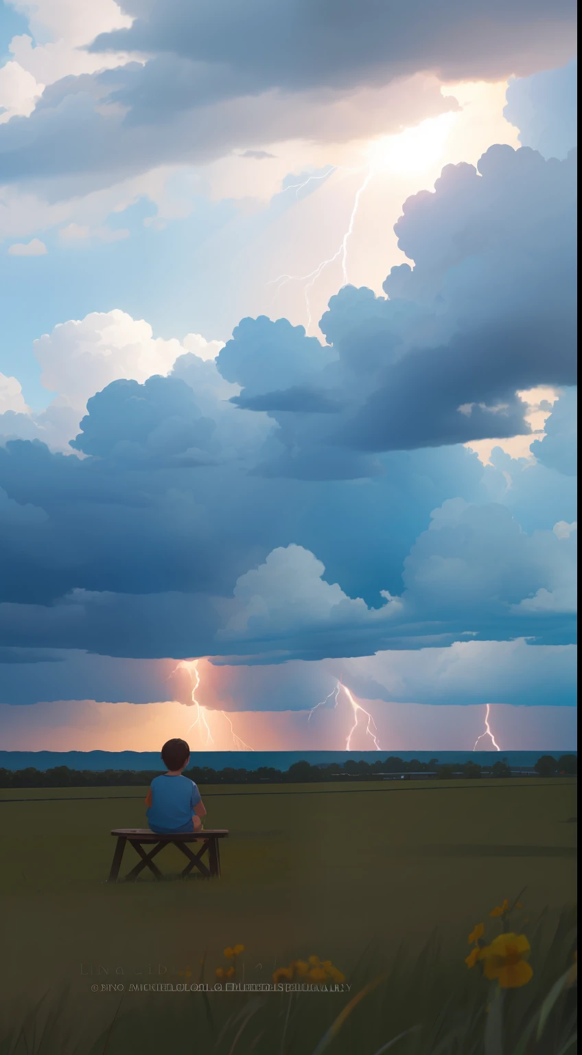 A child sitting facing, en una pradera florida y soleada. On the horizon behind him is an ominous storm with lightning and lightning approaching. , la escena es de paz, con muchos detalles y texturas, ultra-high def
