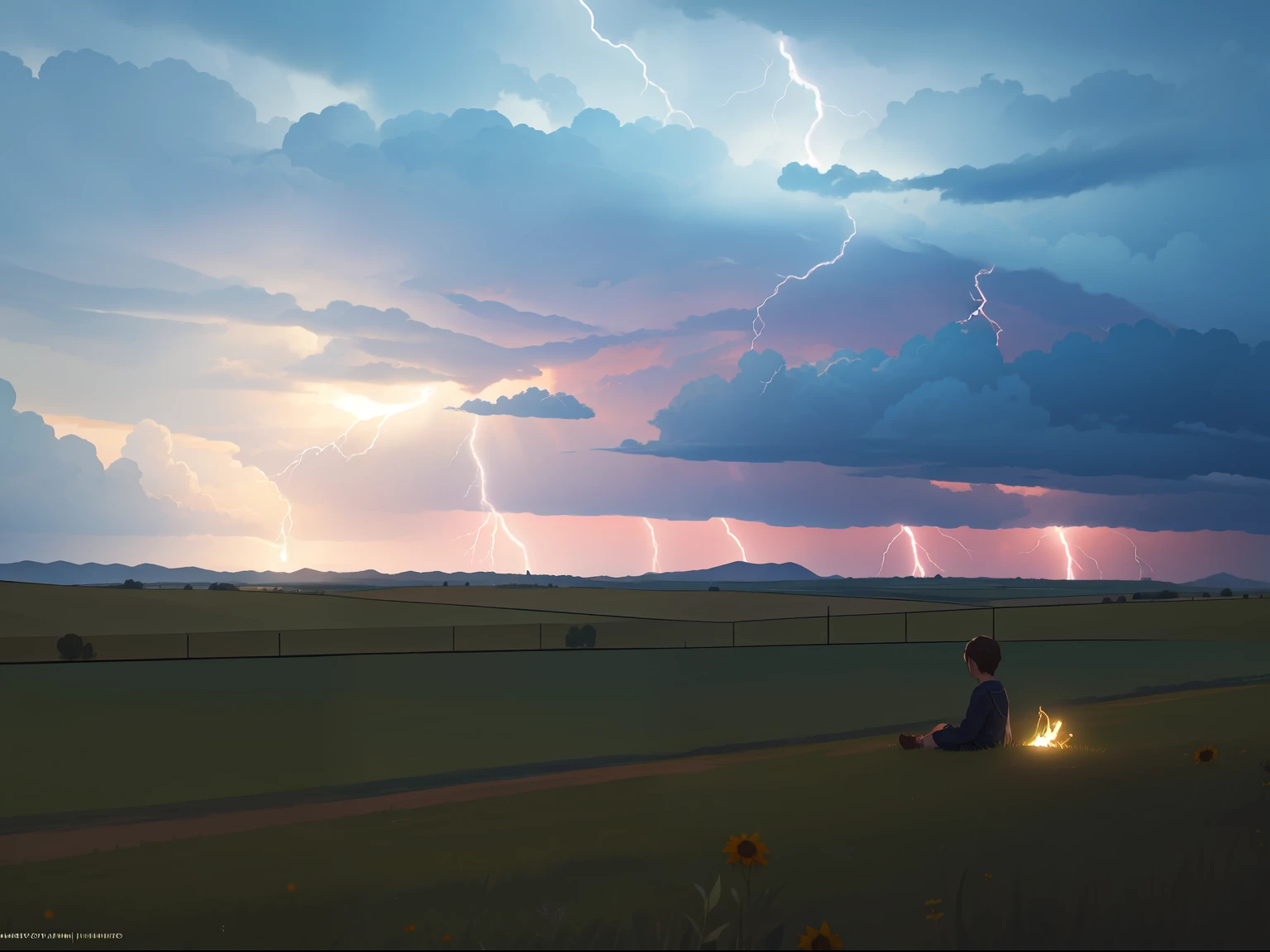 In the foreground a child sitting facing forward, en una pradera florida y muy soleada. On the horizon behind him is a dark storm with lightning and lightning approaching... , la escena es de paz, con muchos detalles y texturas, ultra-high def