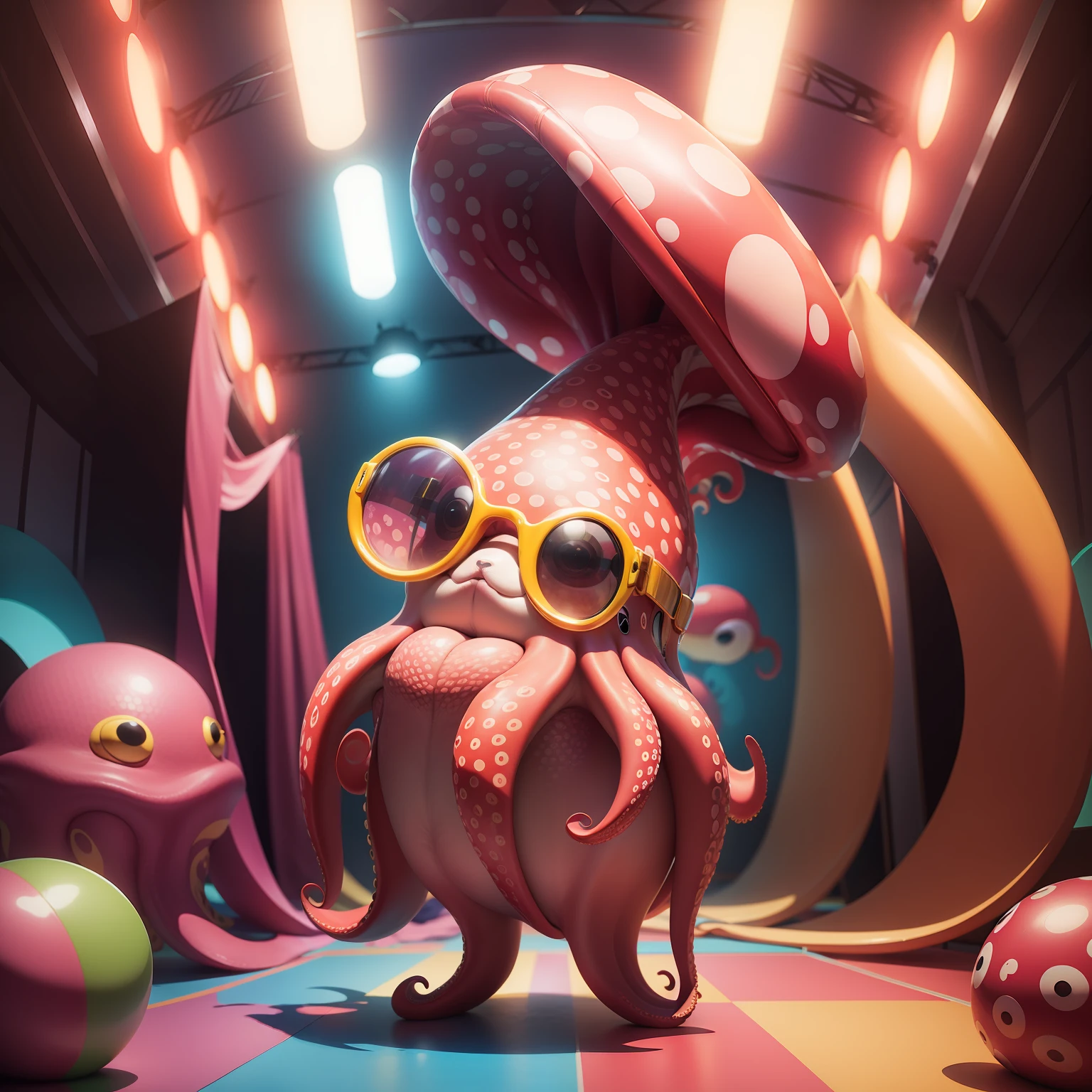 Funny octopus wearing stylish shades in a vibrant and dynamic photo studio.