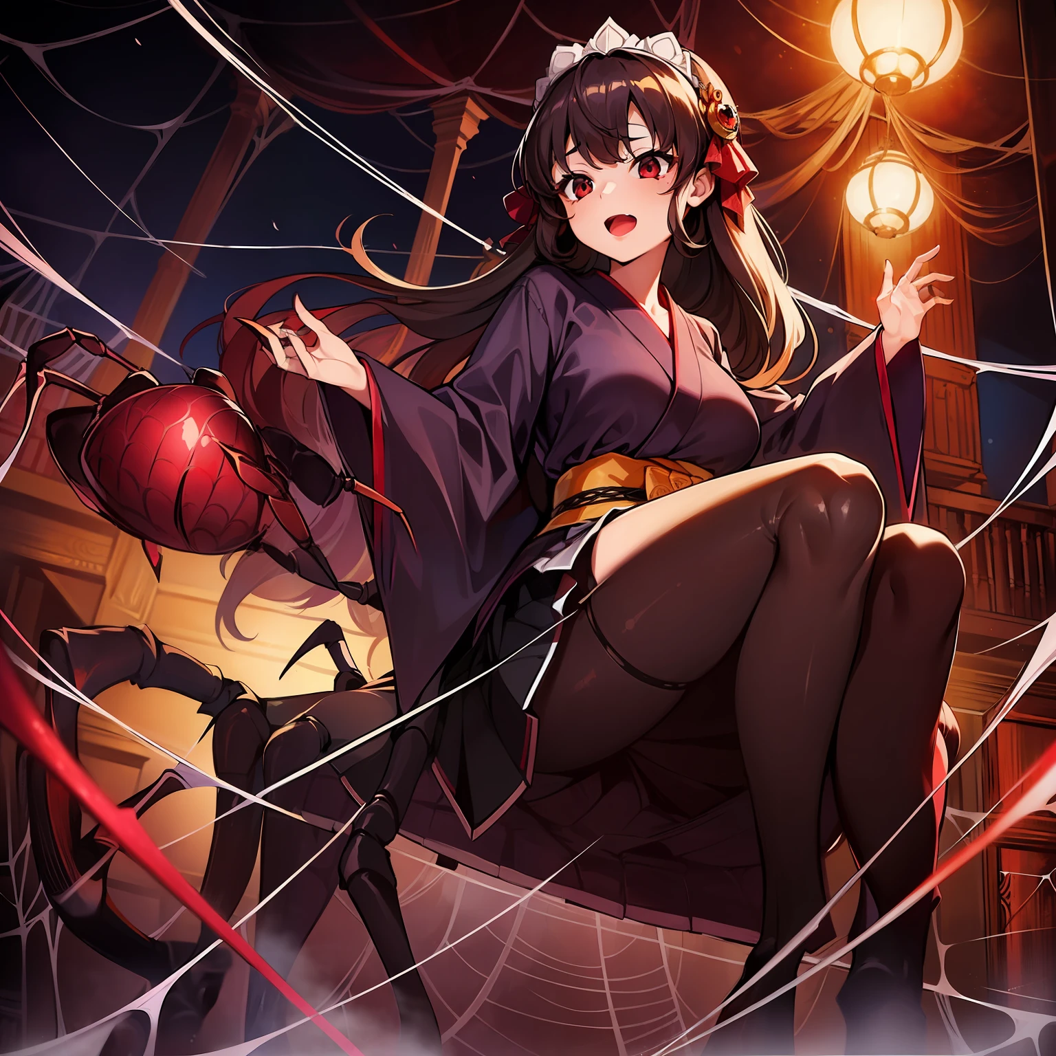 ((Girl fused with a spider. Spider Web Costume. Spider legs from the skirt)). Kimono Maid Clothing. A dark-haired. Inside the mansion. Four shiny red spherical hair accessories on her head. Short skirt. Chess.