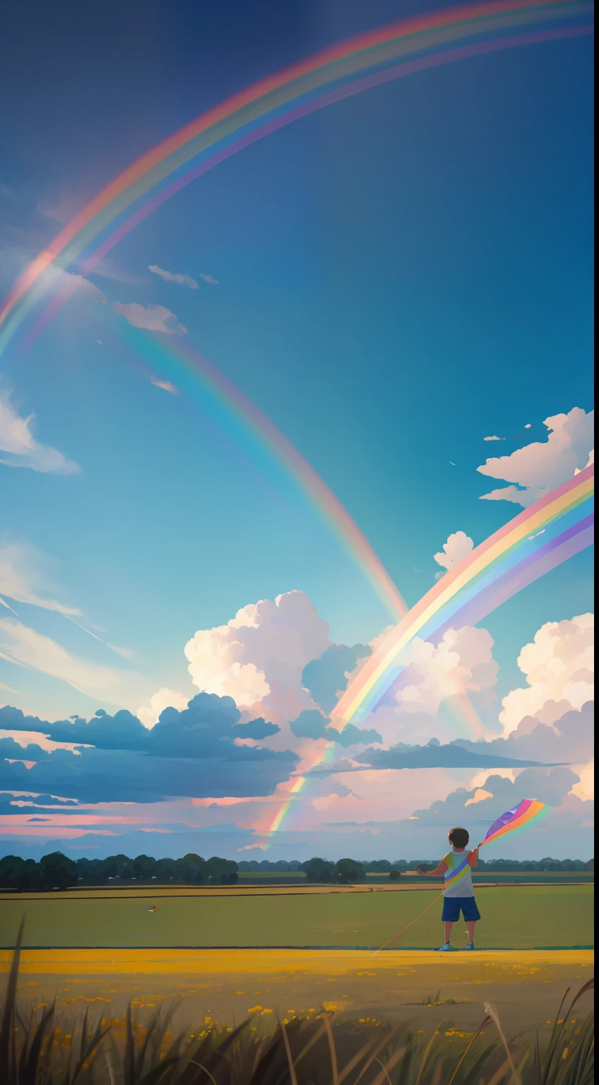 In the foreground a child riding a kite looking up, en una pradera florida y muy soleada. On the horizon behind him is a storm and you can see a magnificent rainbow , la escena es de paz, con muchos detalles y texturas, ultra-high def