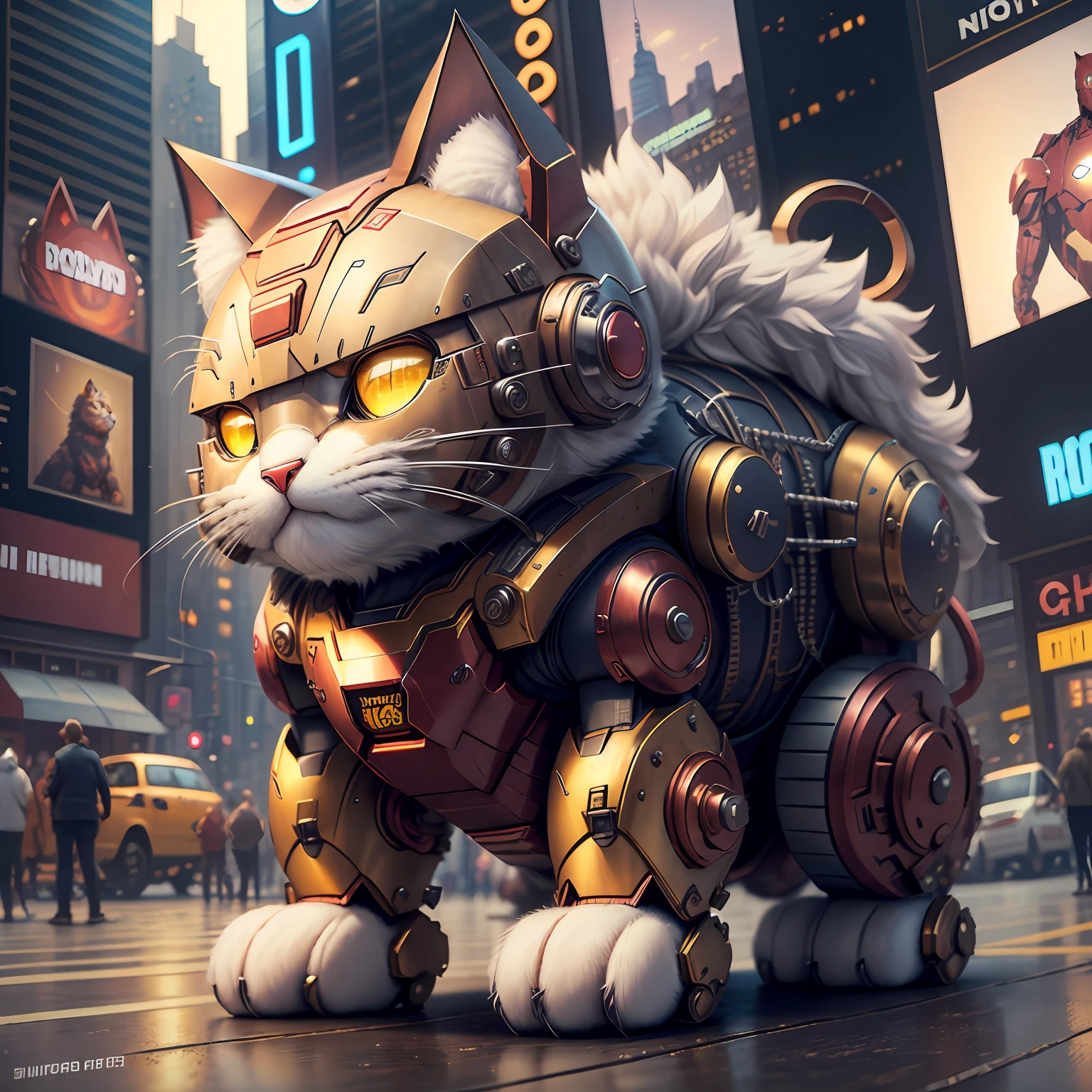 new york, time square, robotic cat, iron man armor cat, fluffy, fuzzy, fluffy, detailed, robotic cat