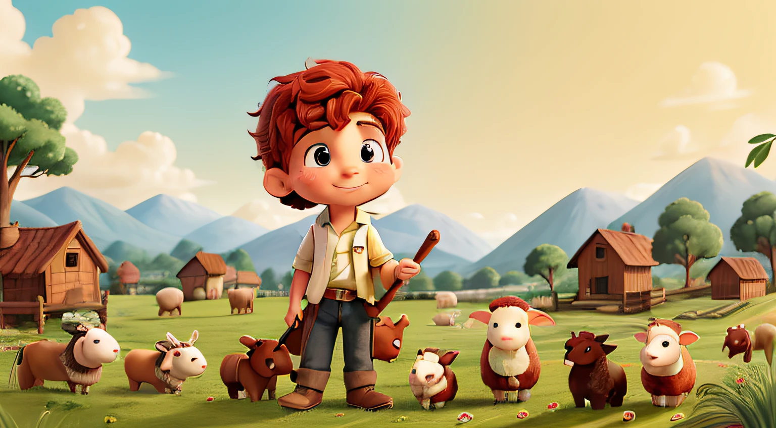 The character I'm going to create to illustrate the book is a red-haired boy with freckles, and he's a shepherd of sheep. Ele se chama Davi e mora e cuida das ovelhas no campo. David tem cabelos ruivos cacheados e muitas sardas no rosto, o que o torna muito fofo. Ele usa roupas estilo as de Jesus. He is brave and loves to take care of his sheep. Always with a wooden staff in his hand and a cheerful expression on his face, David passeia pelos campos verdes, singing lullabies to soothe your sheep. He's a lovely character who teaches kids about care and responsibility. Desenho estilo aquarela. Looking Up The Sky