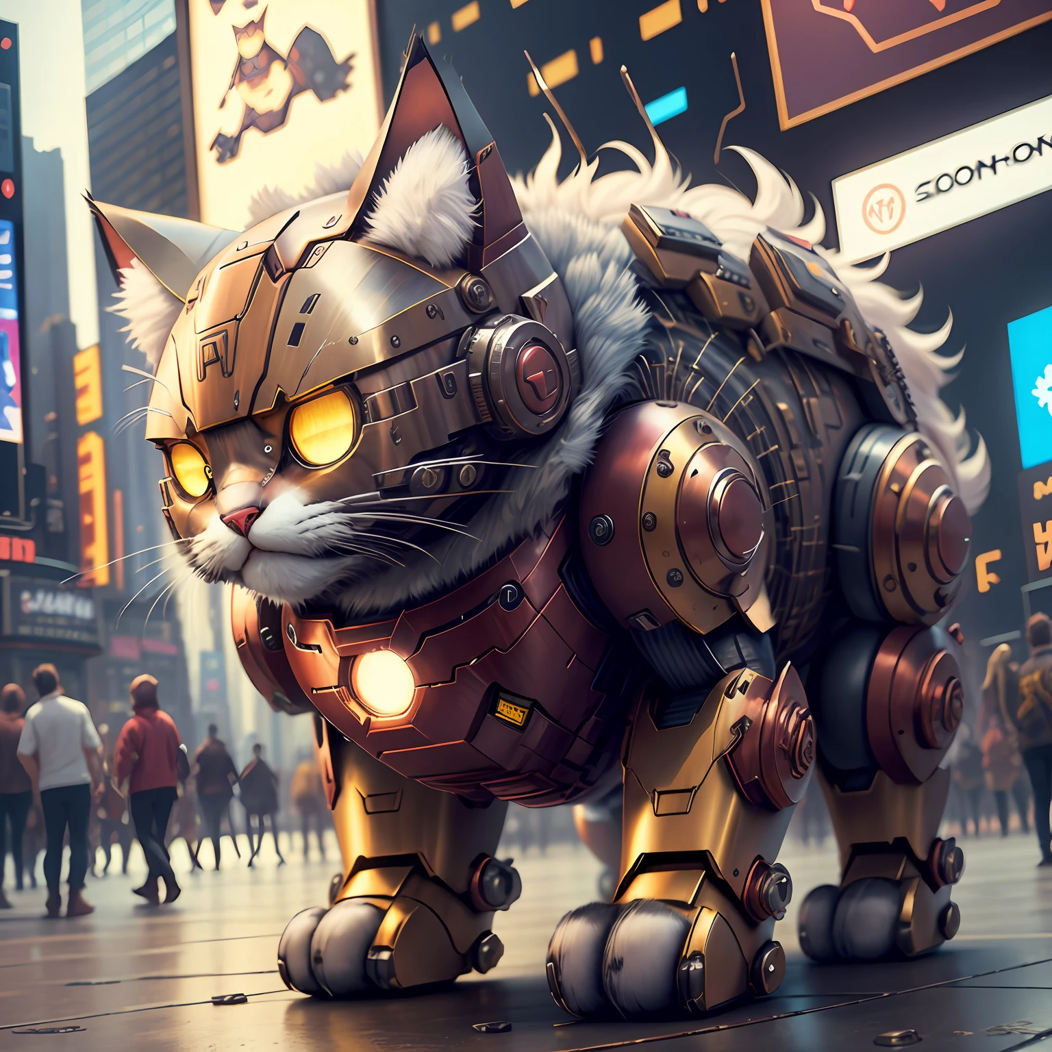 new york, time square, robotic cat, iron man armor cat, fluffy, fuzzy, fluffy, detailed, robotic cat