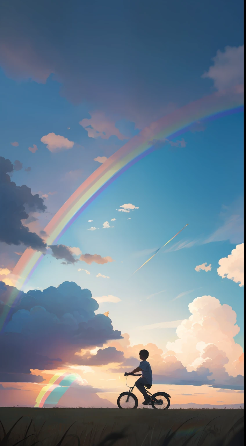 In the foreground a riding a kite looking up, en una pradera florida y muy soleada. On the horizon behind him is a storm and you can see a magnificent rainbow , la escena es de paz, con muchos detalles y texturas, ultra-high def
