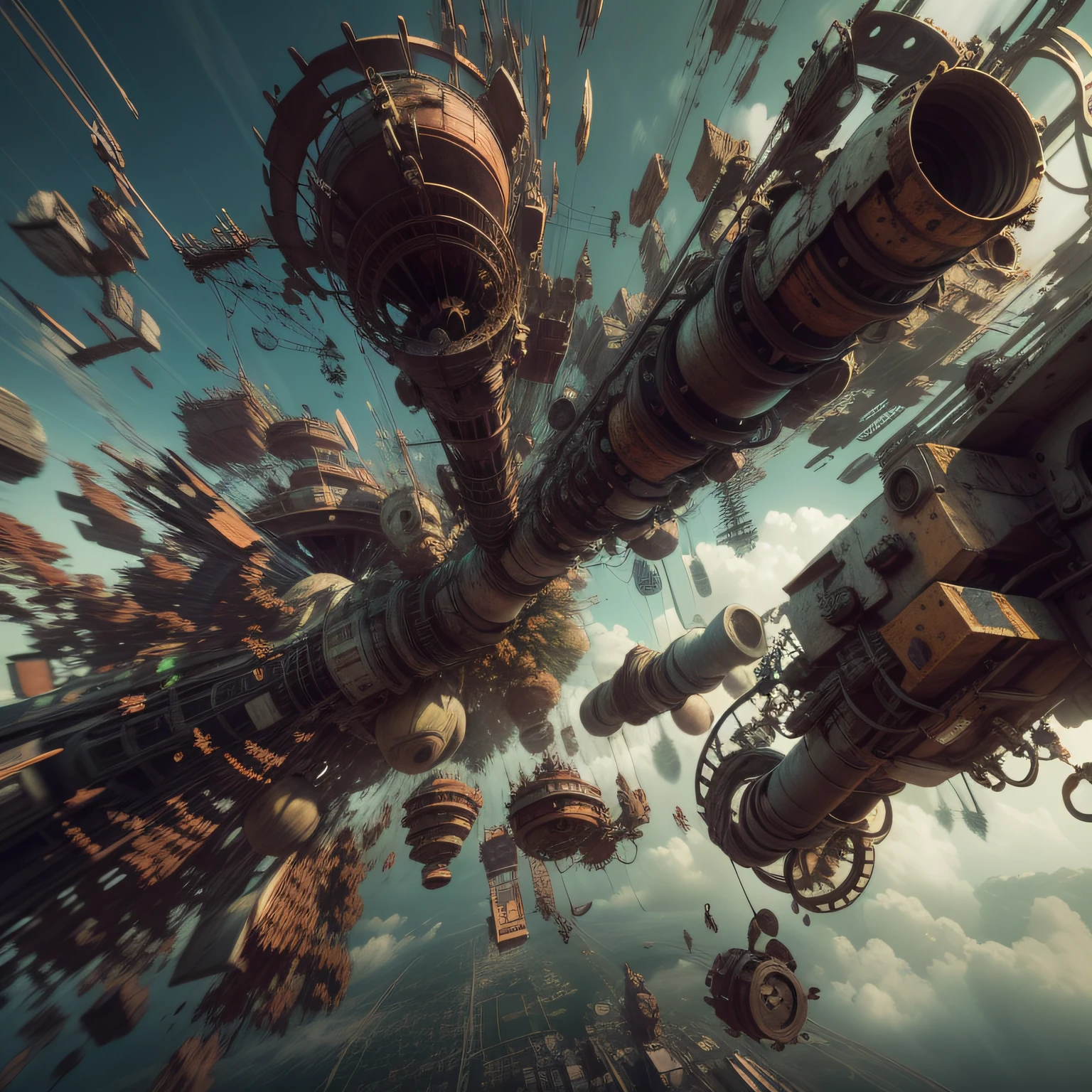 a heavily distorted, fading late morning sky, a singular object comprised of contorted feathers/machinery/pipes/rusted components is floating in the air, extra detail, 4kHD details, best resolution, surrealistic composition, extreme camera angle, motion blur, depth of field, foreshortening, tilted camera angle, cinematic lighting, movie scene