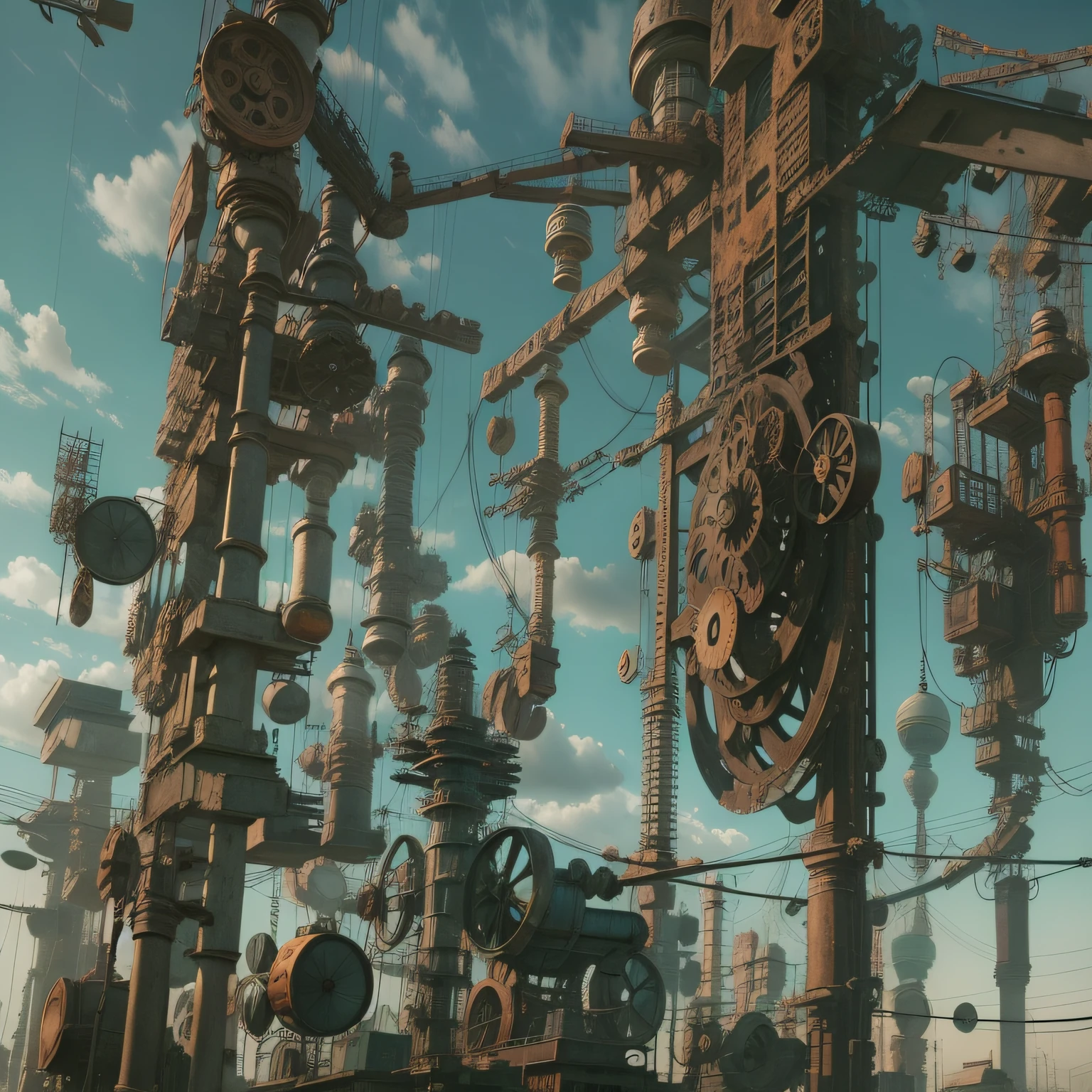 a heavily distorted, fading late morning sky, a singular object comprised of contorted feathers/machinery/pipes/rusted components is floating in the air, extra detail, 4kHD details, best resolution, surrealistic composition, extreme camera angle, motion blur, depth of field, foreshortening, tilted camera angle, cinematic lighting, movie scene
