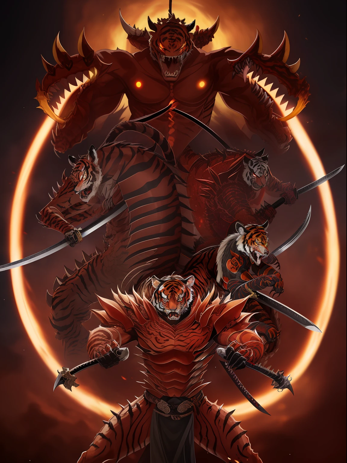 "(Detalhes incrivelmente detalhados) (melhor qualidade)" A four-armed monster tiger with six red eyes with sharp fangs and with four katanas in each hand