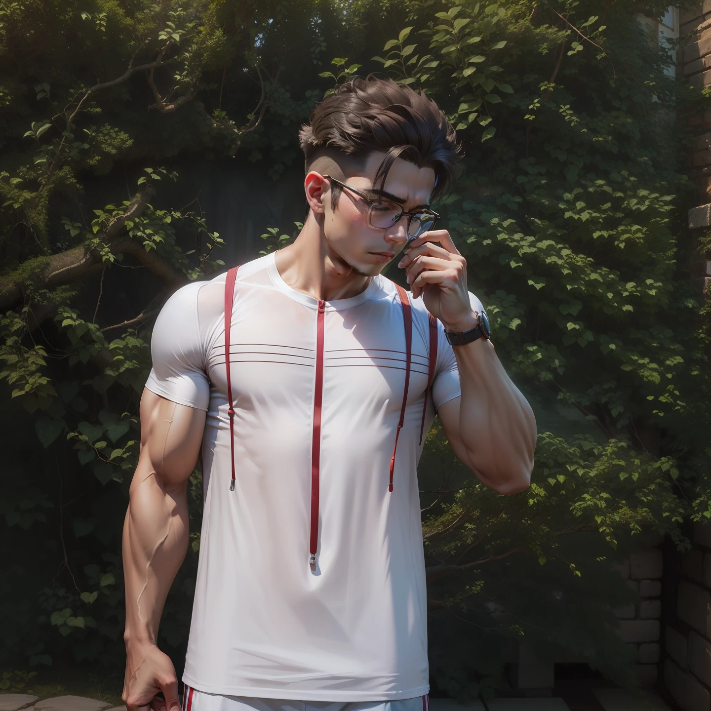 Muscular boy wearing glasses and putting finer on the glasses