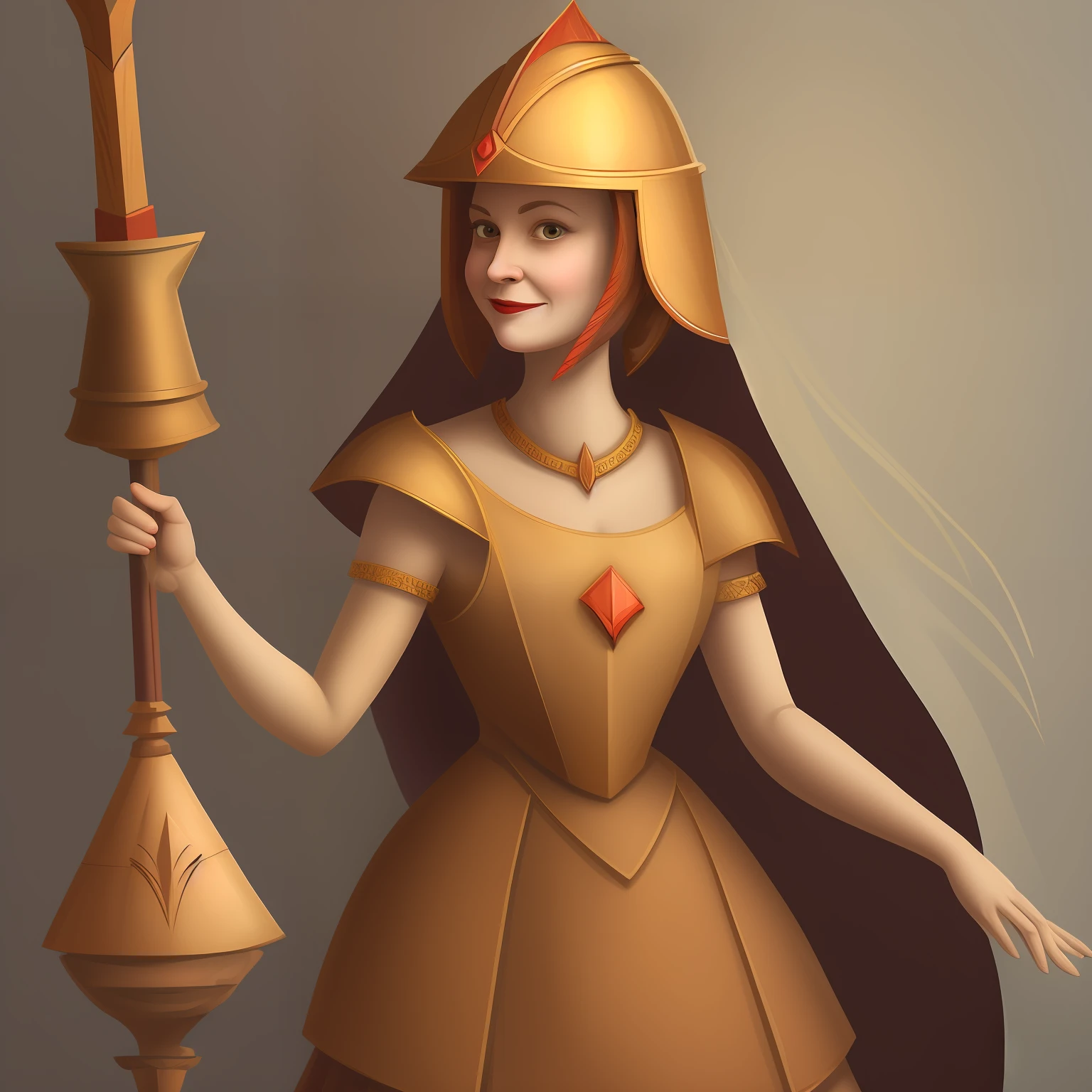 Princess with cone-shaped helmet in a dark red dress and wielding a spear, evil smile.