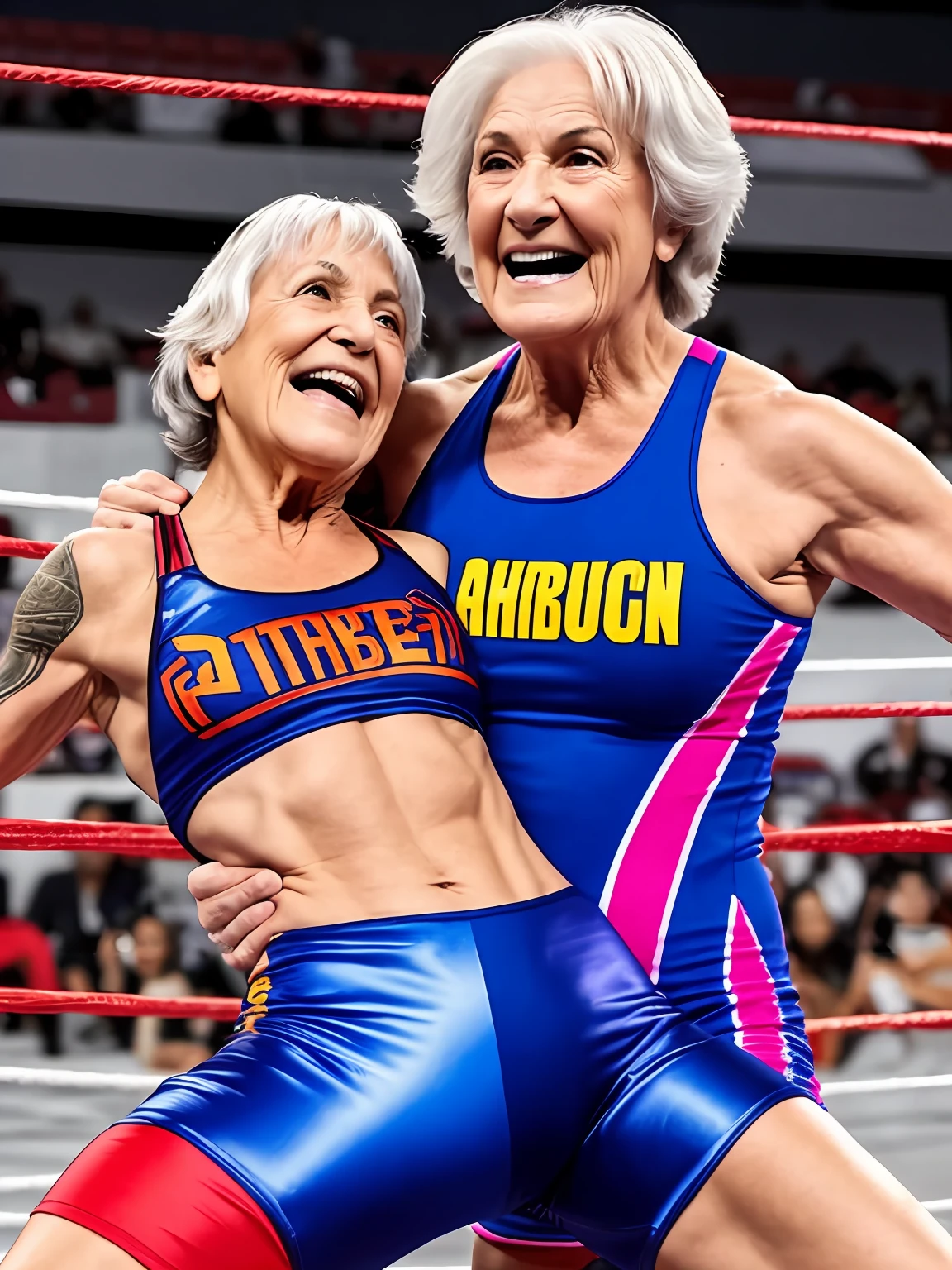 2 old women in their 70s wrestling in a wrestling ring, llevan trajes deportivos y adoptan posiciones de lucha libre, Hi-Def, movimiento, rostros visibles y ultra detallados, sudor y esfuerzo