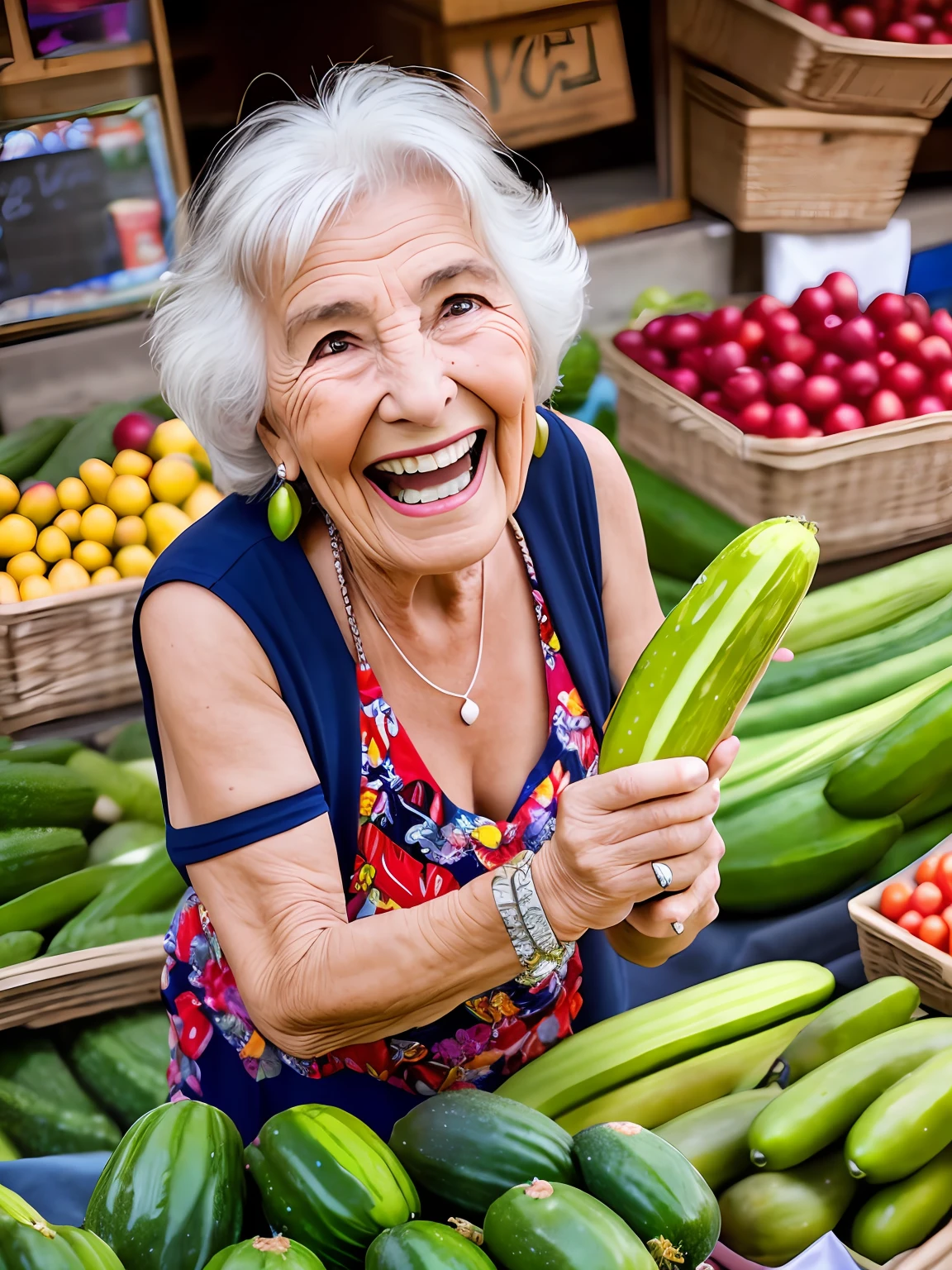 Old lady laughing at the fruit and vegetable market, con una zanahoria en una mano y un pepino en la otra vestida de fiesta, con joyas ulta alta definicion, rostro muy detallado, cuerpo entero