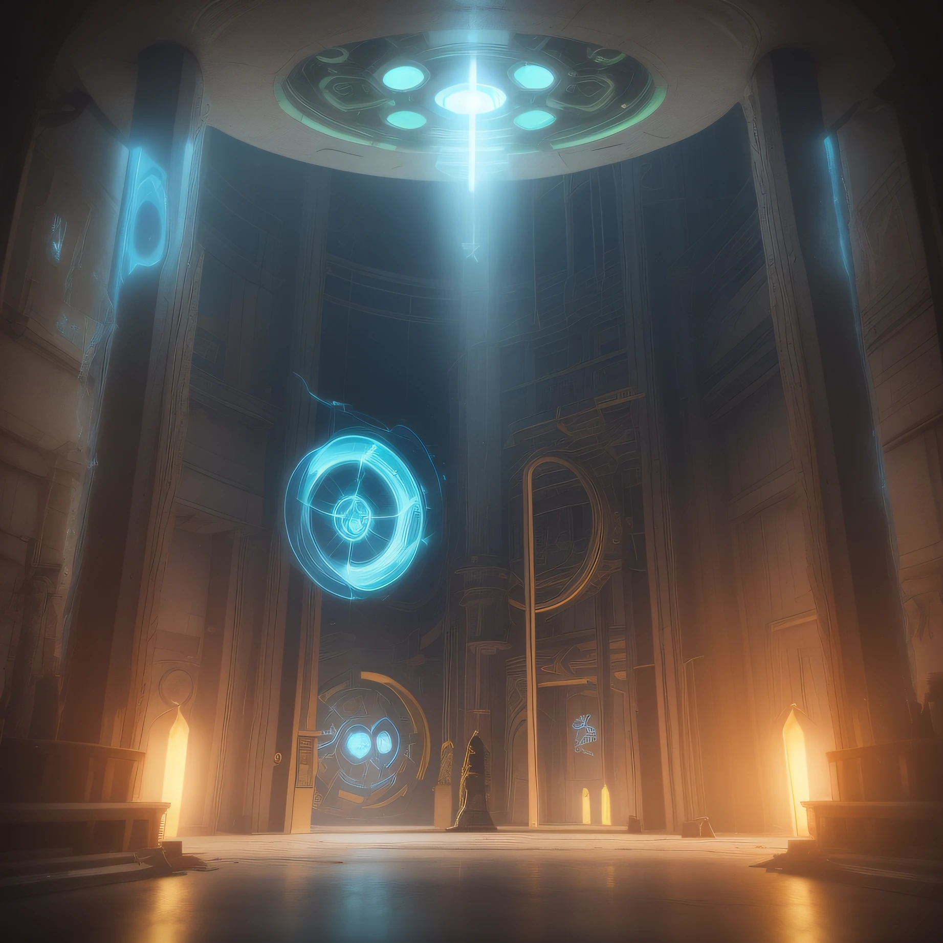 a steampunk workshop with 3 dimensional portals the first portal emanates yellow light, the second portal emanates blue light and the third portal emanates green light, wide image. Portals are at the bottom of a workshop