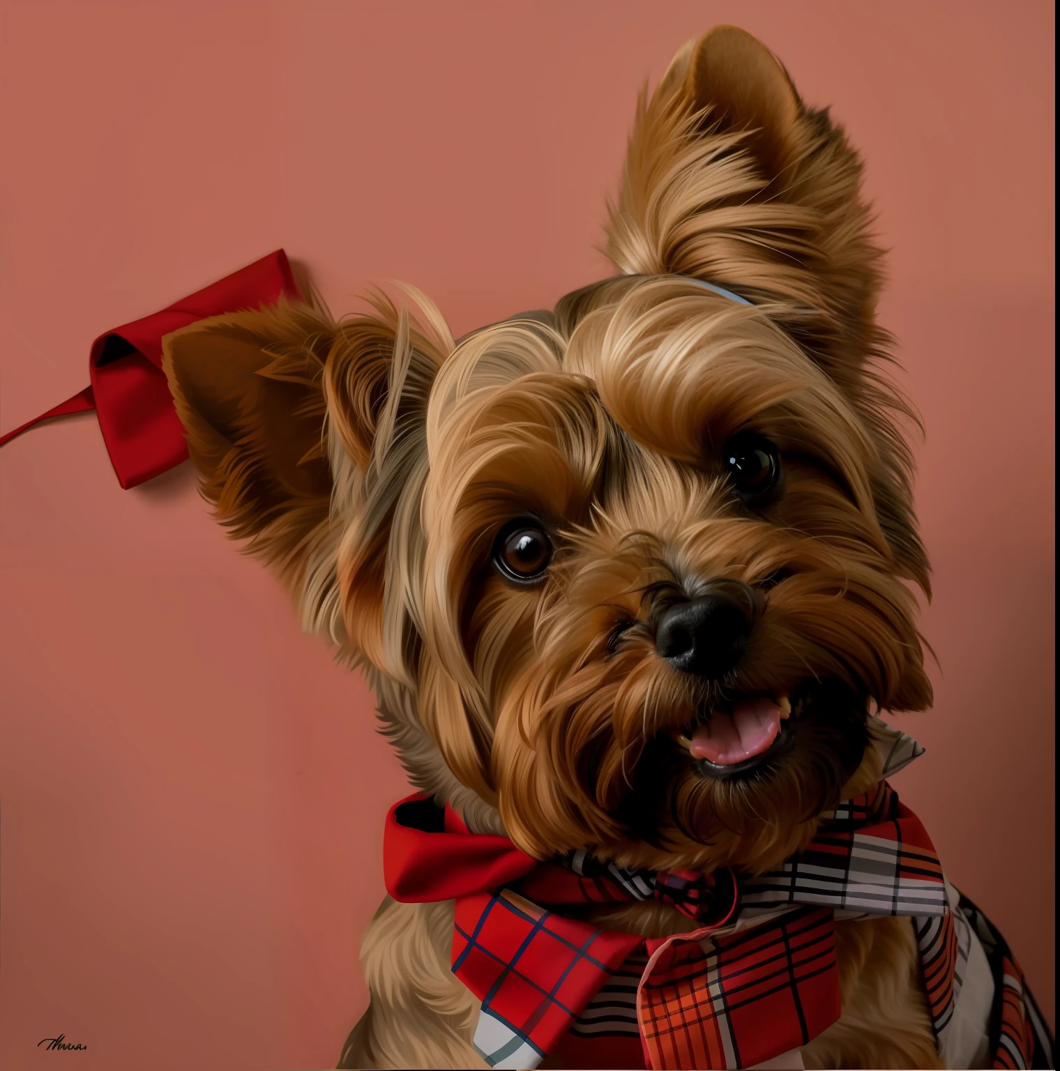 alta resolução, fotorrealista, ultra realista 8k, cinemactic, obra prima, There is a small Yorkshire terrier dog wearing a bow tie and a polo shirt, :2, sorrindo, Outside language, a Sympathetic, aw, Dog Friendly, very Nice, Kawaii Friendly Dog, olhar penetrante, olhar lindo, olhos pretos, he‘s wearing a red neckerchief, papel de parede!, bowtie, retrato!!, Miko, Feliz!!!, foto retrato, Colo, majo, aw, meninoo, super adorable