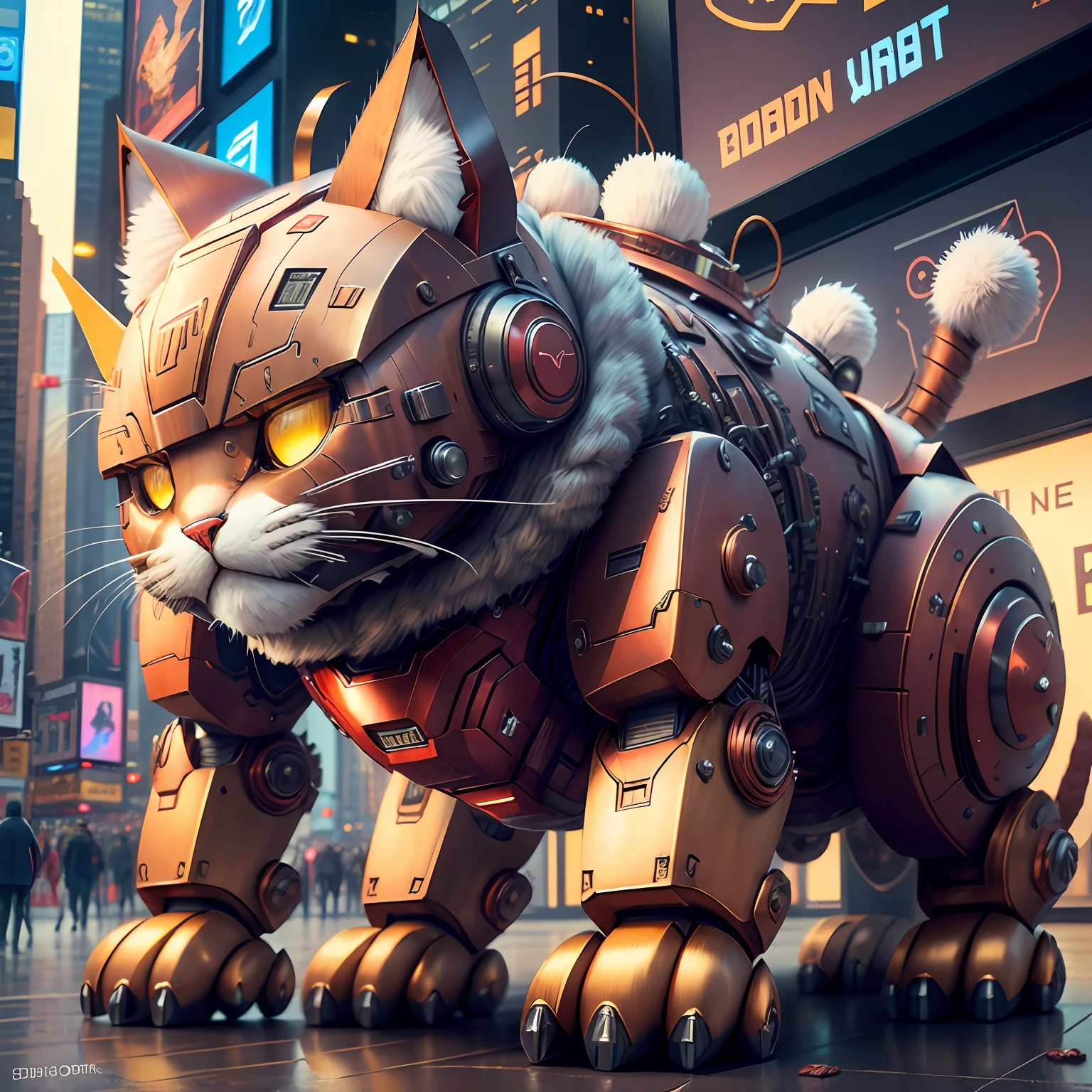 new york, time square, robotic cat, iron man armor cat, fluffy, fuzzy, fluffy, detailed, robotic cat
