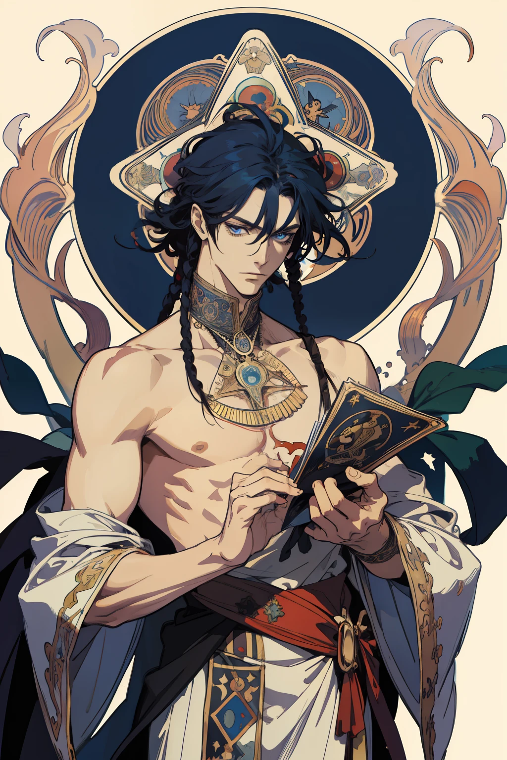 (absurdress, hight resolution, overdetalization), 1 male, grown up, cutest, tall muscular guy, wide shoulders, Detailed eyes and detailed face, Blackbeard, Long fiery hair, bright blue eyes, fool \tarot\, bard, clown, Symbolism, visual art, occultism, Universal, Vision Casting, Philosophical, Iconography, Numerology, Popularity, an artistic, by Alphonse Mucha