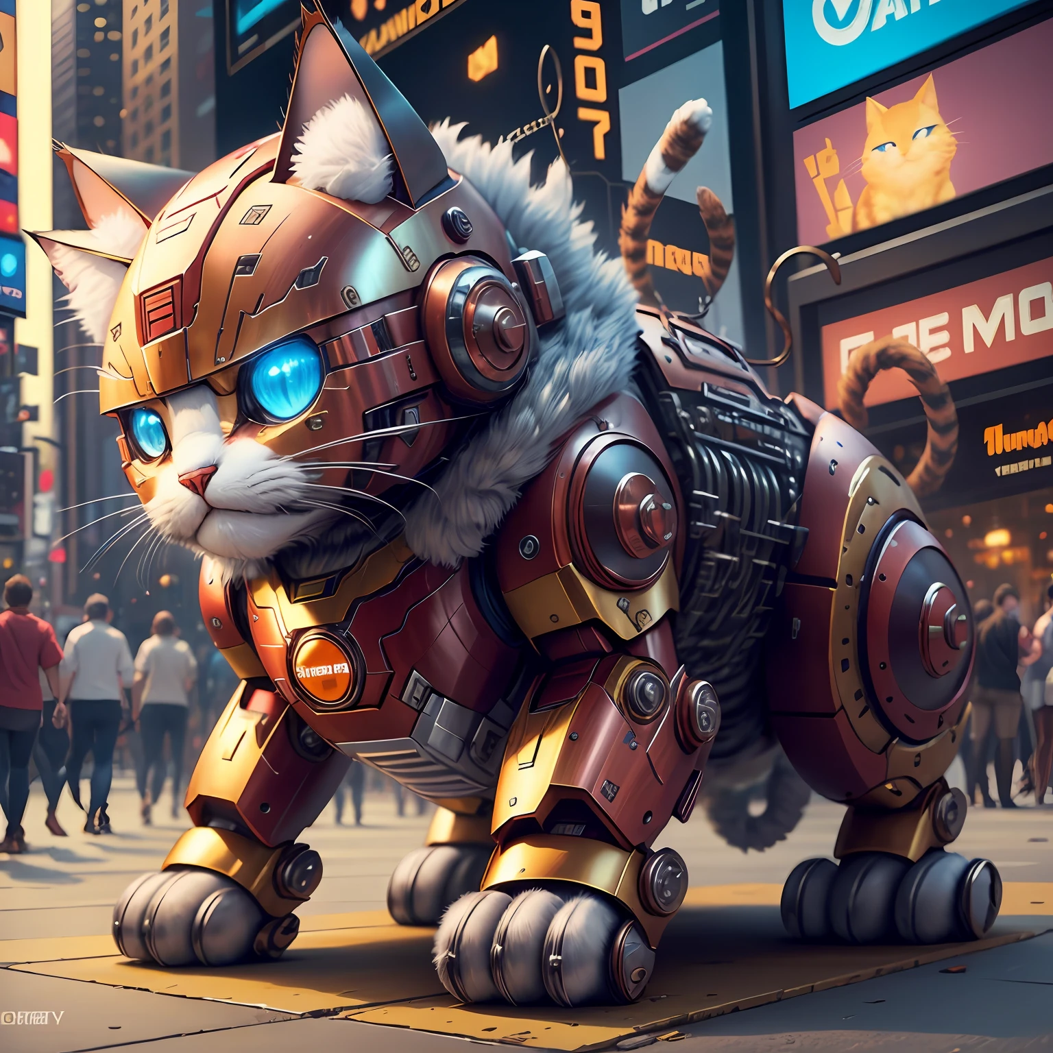 new york, time square, robotic cat, iron man armor cat, fluffy, fuzzy, fluffy, detailed, robotic cat