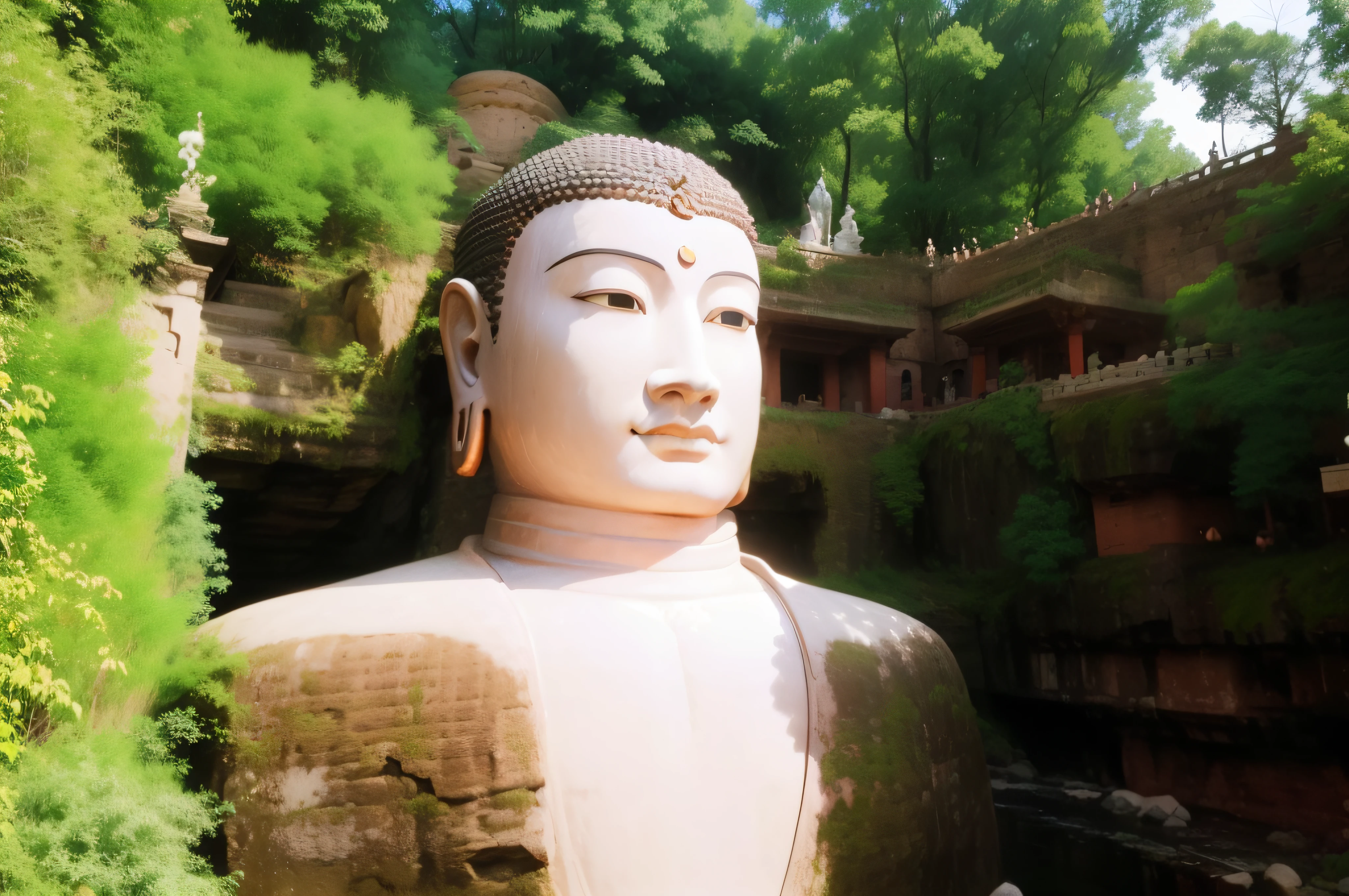 Close-up of a large statue of a man in a cave, Buddha, a Buddhist Buddha, giant clay statue, large temples, huge statues, photograph taken in 2 0 2 0, Buddhism, a massive celestial giant god, Guanyin, floating in a powerful zen state, it is very huge, Buddhist, Ancient Chinese architecture, Mesmerizing and imposing ,photograph taken in 2 0 2 0, The stonework,Copper-colored face,Copper,Copper-colored facial skin,Copper-colored facial fullness, peaceful expression,Realphotos,8K quality,hyper HD
