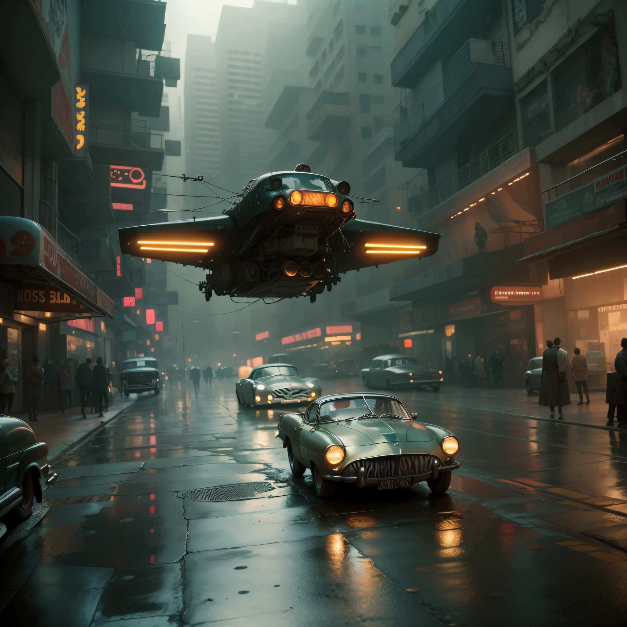 basado en blade runner, deckard aparca su coche volador en unas de las calles de los angeles en un futuro distopico en 1949.