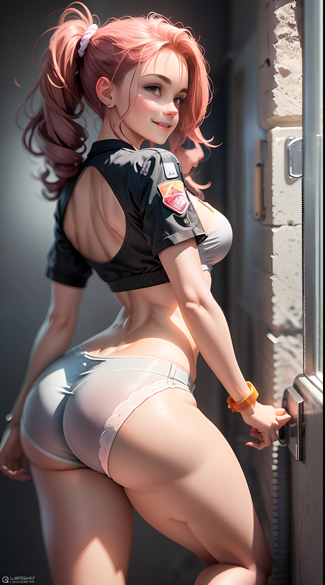 ((full body)), obra-prima, Ultra High Definition, maximum resolution, 8k, menina italiana, (14 anos de idade), extremamente bonita, (typical), (sozinha), (muito magra), quadris arredondados, quadris largos, coxas grossas, (bunda grande), (Rosto extremamente detalhado), olhos muito detalhados, delicate strokes, natural lightting, sorriso muito malicioso , (back view), ????, (super quente), (very small ????), natural beauty, in a prison cell, wearing micro shorts and translucent blouse, with his back to the camera