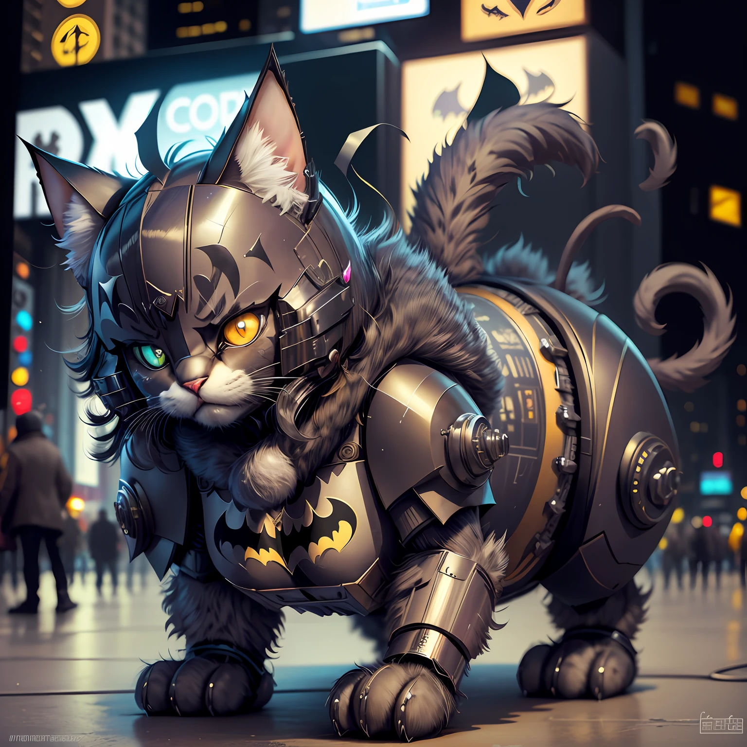 new york, time square, batman cat, batman armor cat, fluffy, fuzzy, cuddly, detailed, robotic cat