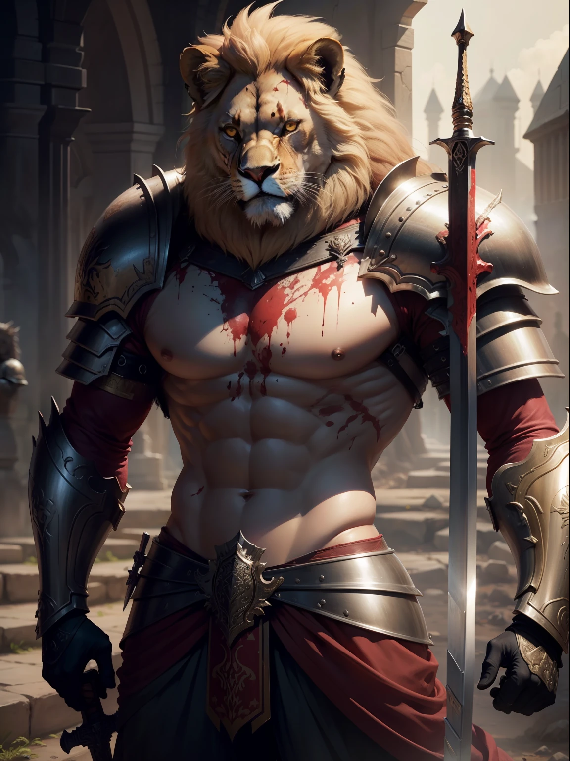 (Detailed description) (melhor qualidade) a lion wearing blood-covered armor with a sword in the