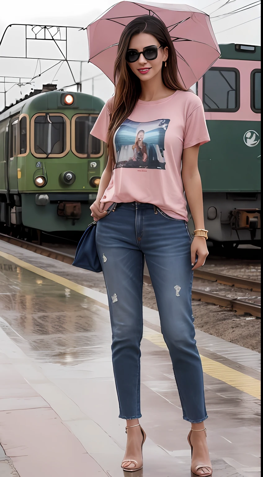 ((Best Quality, 8k, Masterpiece:1.3)), Focus: 1.2, Perfect Body Beauty: 1.4, front looking 1.2, (long straight hairstyle)), (light Pink round neck plain Baggy Tee-shirt, baggy style:1.1) , (rainy weather, Street:1.3), Baggy fitting jeans, smiling, full length skinny gray jeans: 1.1, Highly detailed face and skin texture, Detailed eyes, Double eyelids, toned body, Whitened skin, smile, black straight hair's, heels, firm breasts, looking at camera, fashion shoot style, full body length tee-shirt, Short sleeves, high heels, big earrings, hand bangle's and golden watch. Carrying pink hand bag, light lipstick, baggy tee-shirt, lose baggy Teeshirt , standing at railway station Lahore, Pakistani green train in background, railway platform, waiting for train, wearing big sunglasses, wet platform, dark cloud's, no umbrella, walking at wet railway platform