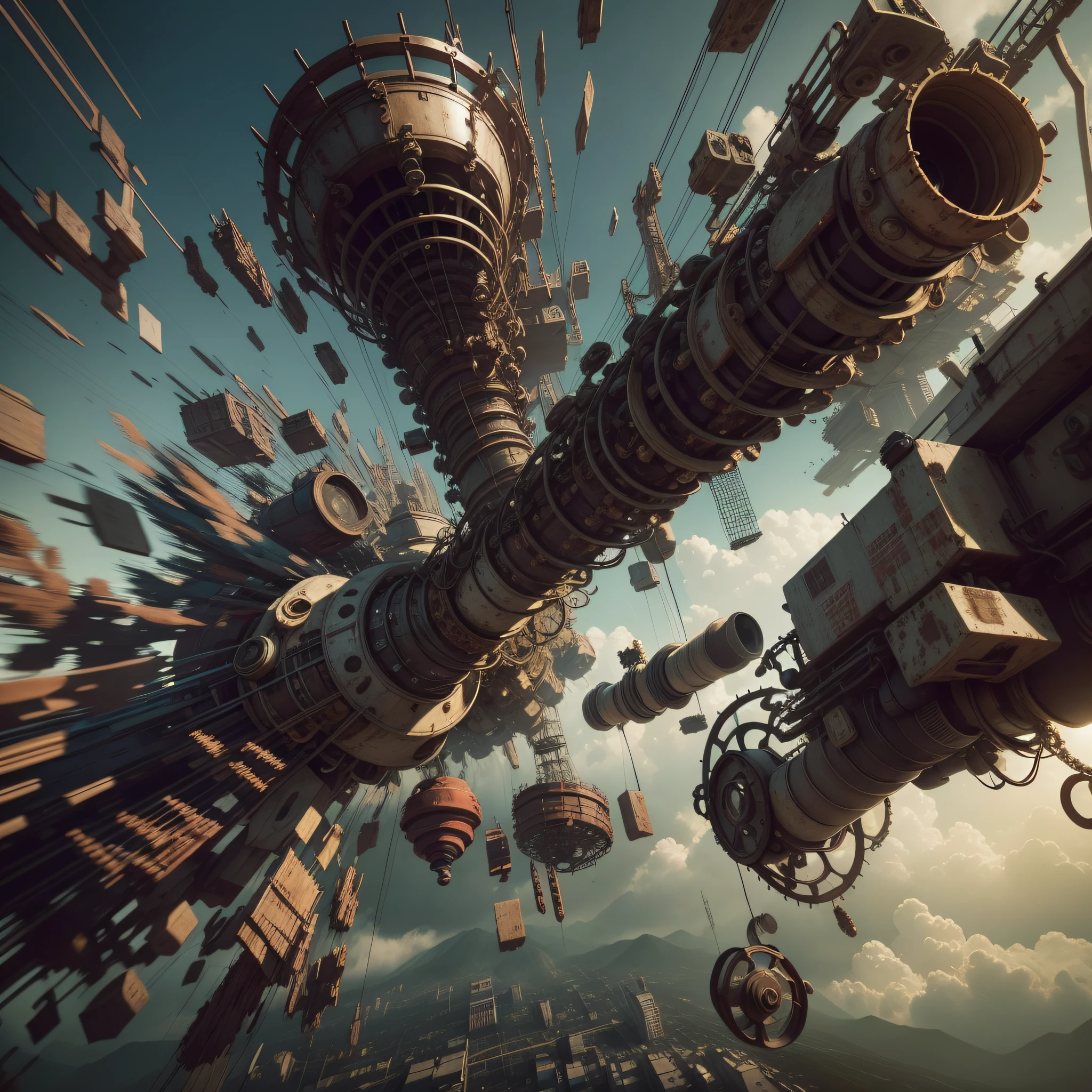 a heavily distorted, fading late morning sky, a singular object comprised of contorted feathers/machinery/pipes/rusted components is floating in the air, extra detail, 4kHD details, best resolution, surrealistic composition, extreme camera angle, motion blur, depth of field, foreshortening, tilted camera angle, cinematic lighting, movie scene, precise details, intense details
