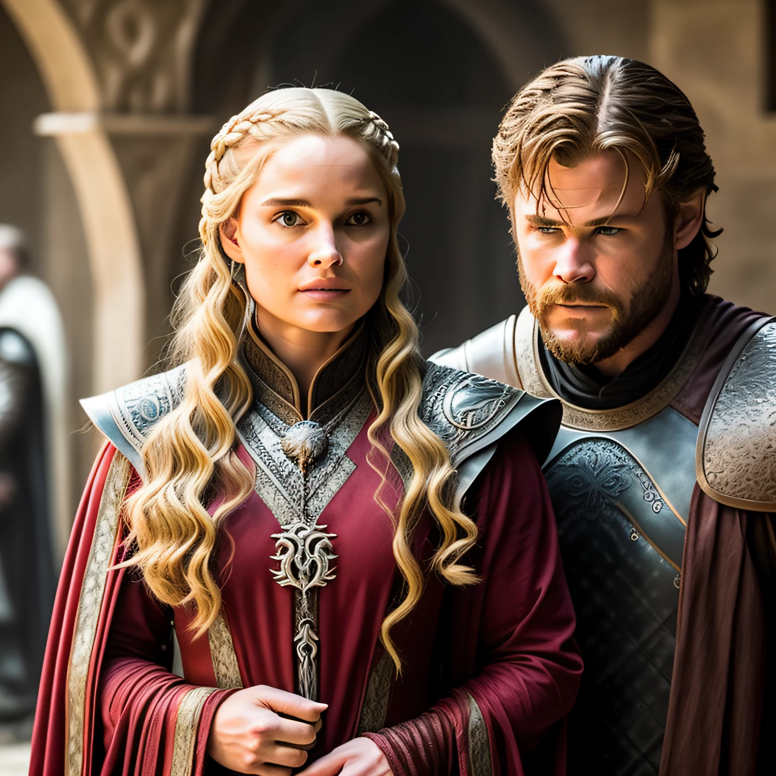chris hemsworth da casa lannister e natalie portman da casa targeryan em game of thrones