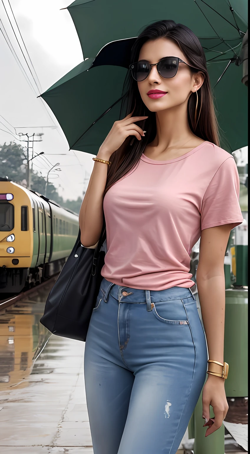 ((Best Quality, 8k, Masterpiece:1.3)), Focus: 1.2, Perfect Body Beauty: 1.4, front looking 1.2, (long straight hairstyle)), (light Pink round neck plain Baggy Tee-shirt, baggy style:1.1) , (rainy weather, Street:1.3), Baggy fitting jeans, smiling, full length skinny gray jeans: 1.1, Highly detailed face and skin texture, Detailed eyes, Double eyelids, toned body, Whitened skin, smile, black straight hair's, heels, firm breasts, looking at camera, fashion shoot style, full body length tee-shirt, Short sleeves, high heels, big earrings, hand bangle's and golden watch. Carrying pink hand bag, light lipstick, baggy tee-shirt, lose baggy Teeshirt , standing at railway station Lahore, Pakistani green train in background, railway platform, waiting for train, wearing big sunglasses, wet platform, dark cloud's, no umbrella, walking at wet railway platform