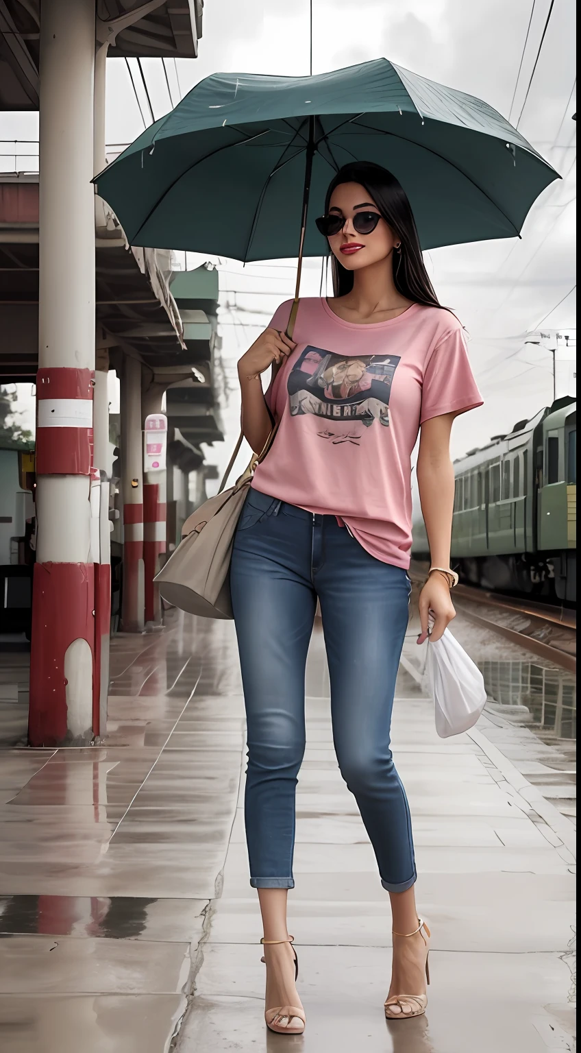 ((Best Quality, 8k, Masterpiece:1.3)), Focus: 1.2, Perfect Body Beauty: 1.4, front looking 1.2, (long straight hairstyle)), (light Pink round neck plain Baggy Tee-shirt, baggy style:1.1) , (rainy weather, Street:1.3), Baggy fitting jeans, smiling, full length skinny gray jeans: 1.1, Highly detailed face and skin texture, Detailed eyes, Double eyelids, toned body, Whitened skin, smile, black straight hair's, heels, firm breasts, looking at camera, fashion shoot style, full body length tee-shirt, Short sleeves, high heels, big earrings, hand bangle's and golden watch. Carrying pink hand bag, light lipstick, baggy tee-shirt, lose baggy Teeshirt , standing at railway station Lahore, Pakistani green train in background, railway platform, waiting for train, wearing big sunglasses, wet platform, dark cloud's, no umbrella, walking at wet railway platform