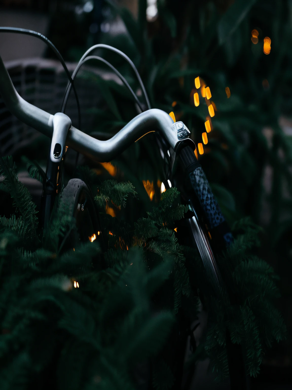 There is a bicycle parked next to a tree with lights, luzes acesas, Bokeh. Detalhes cromados, bicicleta no fundo, Bokeh apenas em segundo plano, iluminado, Tiro em Leica SL2, bicicleta, holiday season, middle close up composition, header text", Bokeh Detalhes, Bokeh escuro no fundo, cheio de detalhes