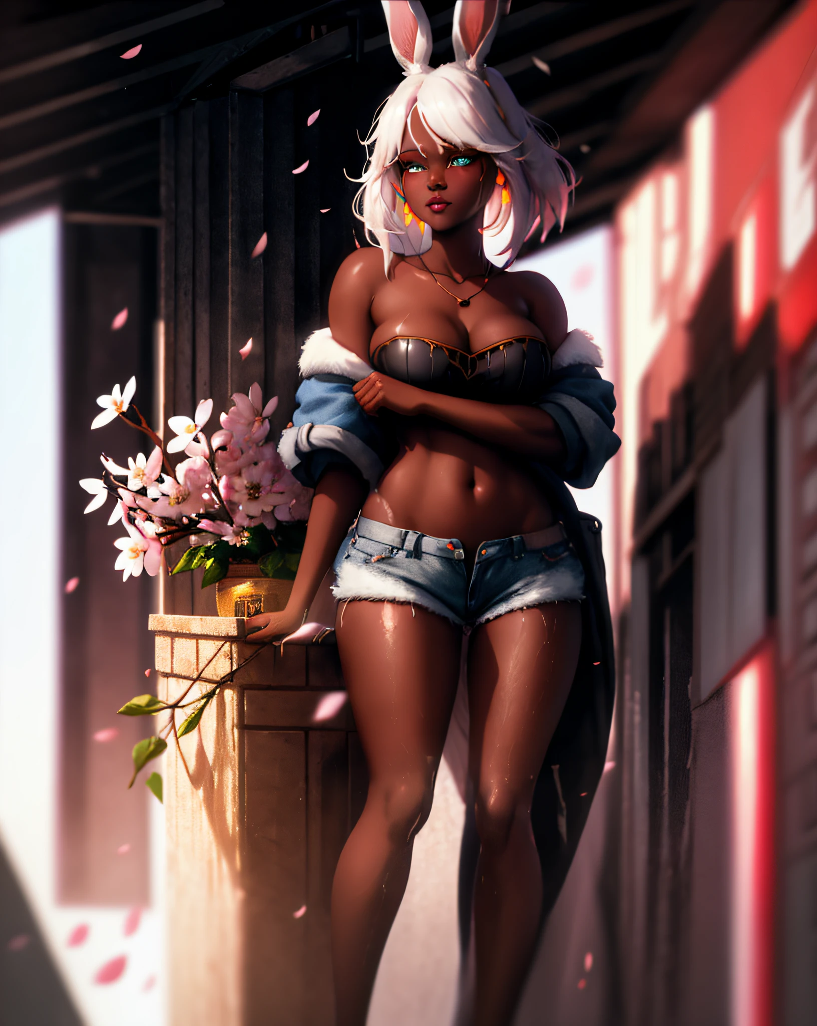 1girl, (, viera:1.1), bunny ears, (dark skin tone:1.1), bunny girl, white hair, detailed eyes, (looking at viewer:1.2), parted lips, (erotic posture:1.3), wearing shirt white tight and ripped short denim shorts, (in sakura warm spring, outdoors:1.1), anthropomorphic, dripping, wet, stylized portrait, dark fantasy, by greg rutkowski, trends in detailed artstation, award-winning illustration, hd, 4k, artwork digital, highly detailed, cinematic lighting, vibrant colors, in the style of noah bradley, Beksinski, (floating petals: 1.1)l