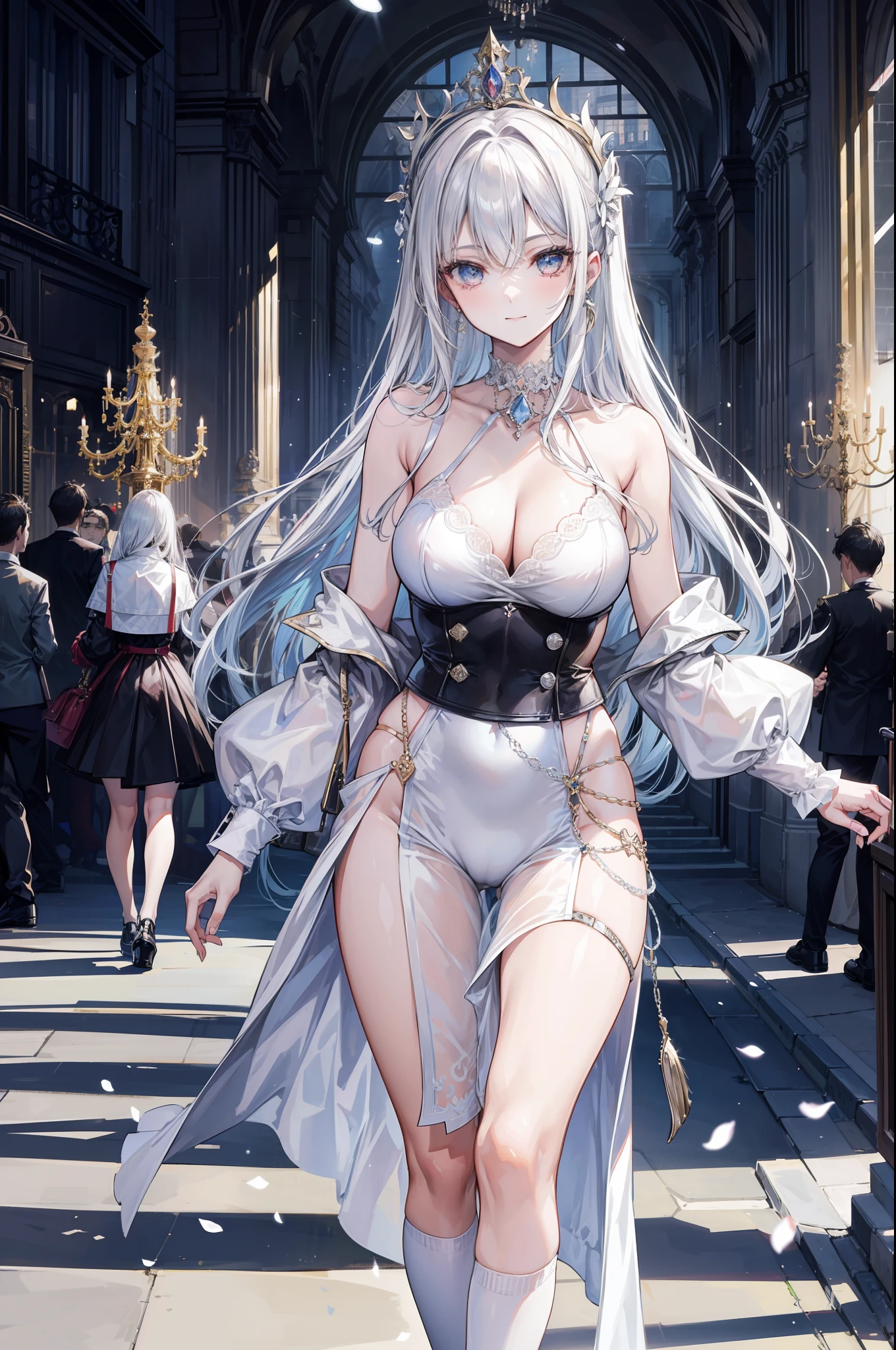 A young supermodel parading down a Paris catwalk. Luce un look rompedor y vanguardista. The walkway is spectacularly lit. He faces the camera with a firm and decisive step and smiles sweetly...........