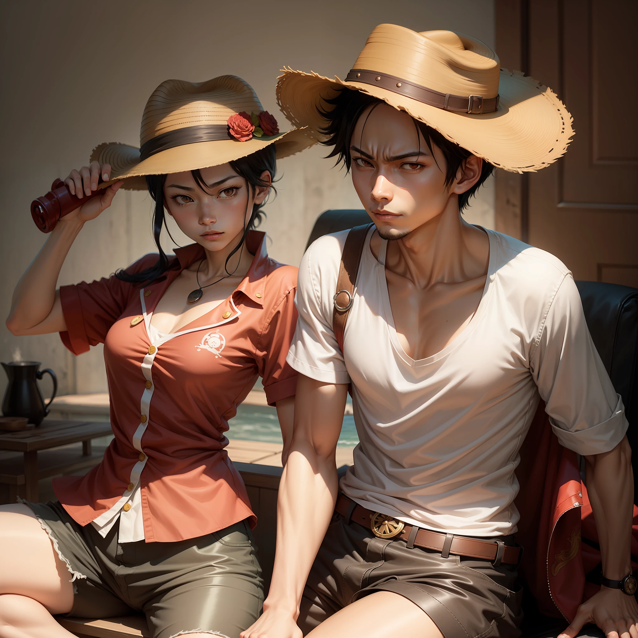 full bodyesbian，Pull the knife， character with a hat, he's wearing a hat, Chiba Yuda, inspired by Eiichiro Oda, portrait of luffy from one piece, from one piece, Chinese text, Middle metaverse, style of eiichiro oda