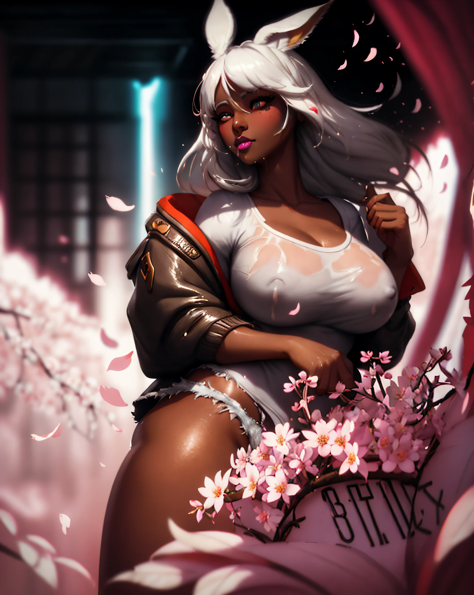 1girl, (, viera:1.1), bunny ears, (dark skin tone:1.1), bunny girl, white hair, detailed eyes, (looking at viewer:1.2), parted lips, (erotic posture:1.3), wearing shirt white tight and ripped short denim shorts, (in sakura warm spring, outdoors:1.1), anthropomorphic, dripping, wet, stylized portrait, dark fantasy, by greg rutkowski, trends in detailed artstation, award-winning illustration, hd, 4k, artwork digital, highly detailed, cinematic lighting, vibrant colors, in the style of noah bradley, Beksinski, (floating petals: 1.1)l