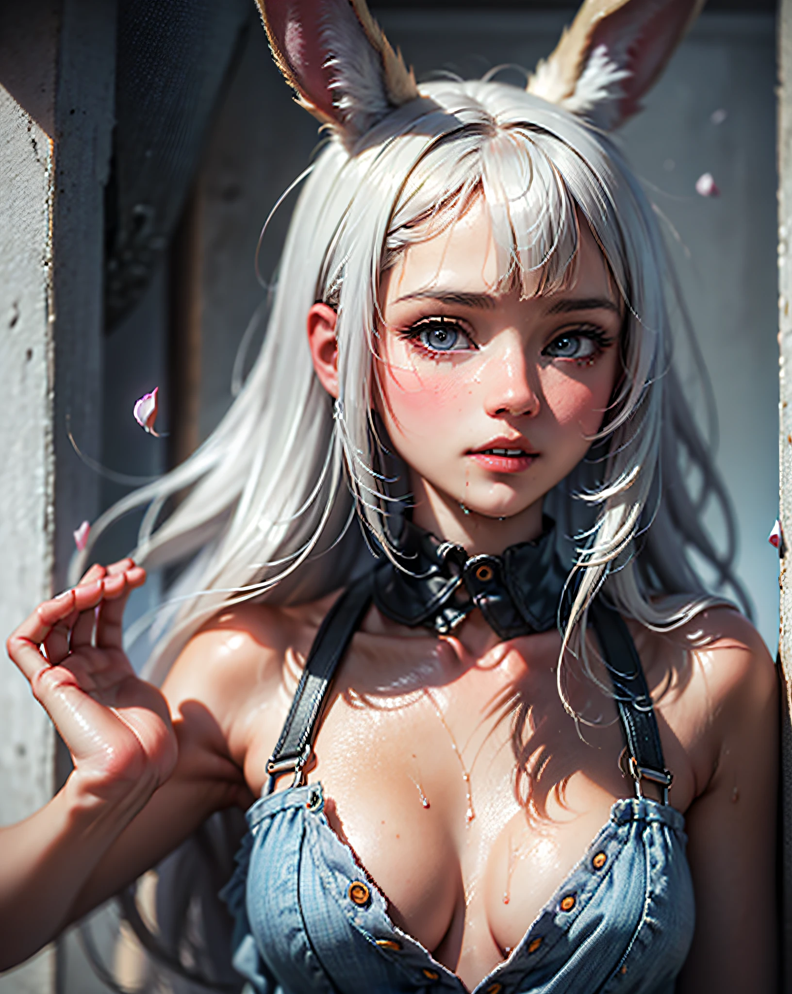 1girl, (, viera:1.1), bunny ears, (dark skin tone:1.1), bunny girl, white hair, detailed eyes, (looking at viewer:1.2), parted lips, (erotic posture:1.3), wearing shirt white tight and ripped short denim shorts, (in sakura warm spring, outdoors:1.1), anthropomorphic, dripping, wet, stylized portrait, dark fantasy, by greg rutkowski, trends in detailed artstation, award-winning illustration, hd, 4k, artwork digital, highly detailed, cinematic lighting, vibrant colors, in the style of noah bradley, Beksinski, (floating petals: 1.1)l