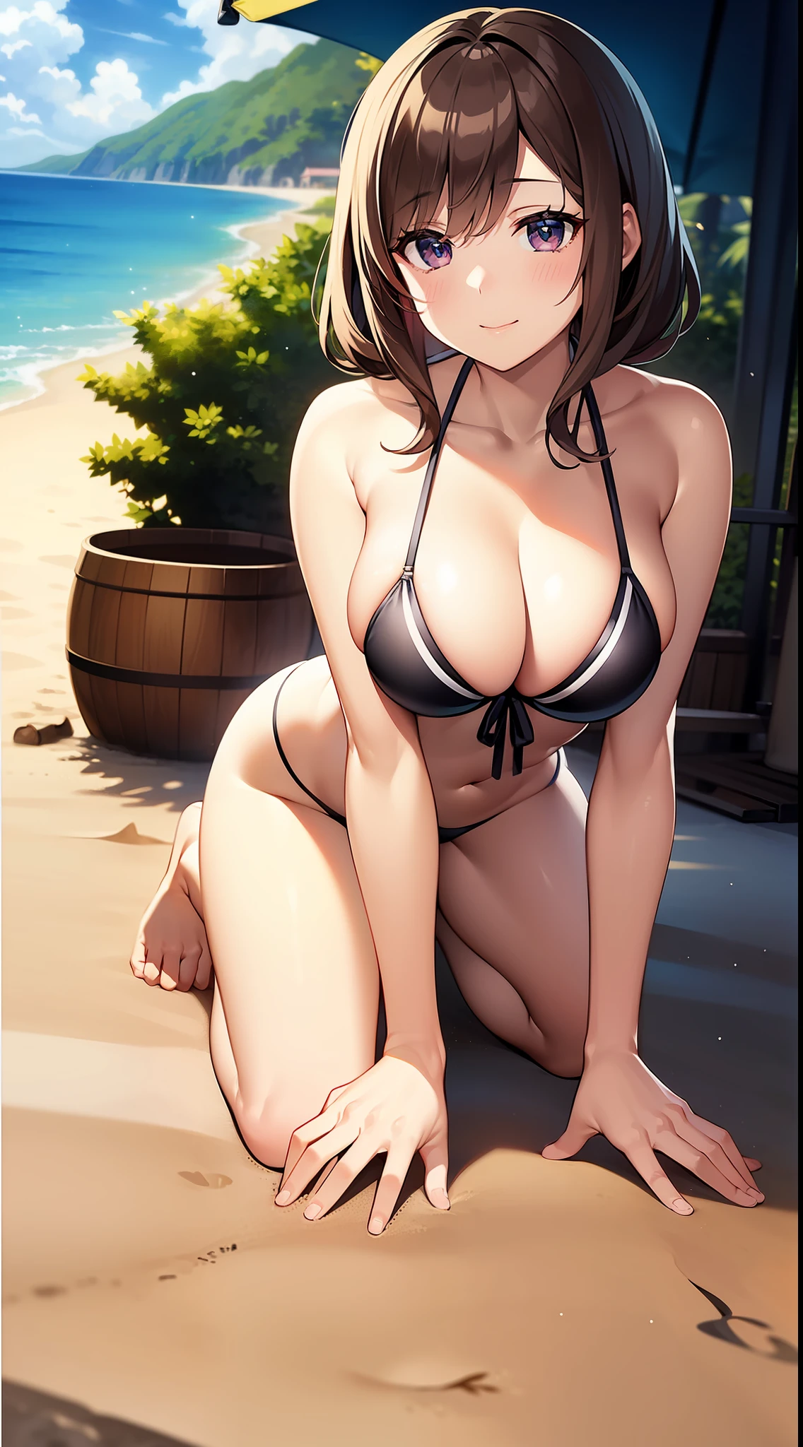 top-quality、masutepiece、An incomparable masterpiece、1girl in、The bikini、Large breasts、all-fours、Close、Cute anime illustration、the beach、