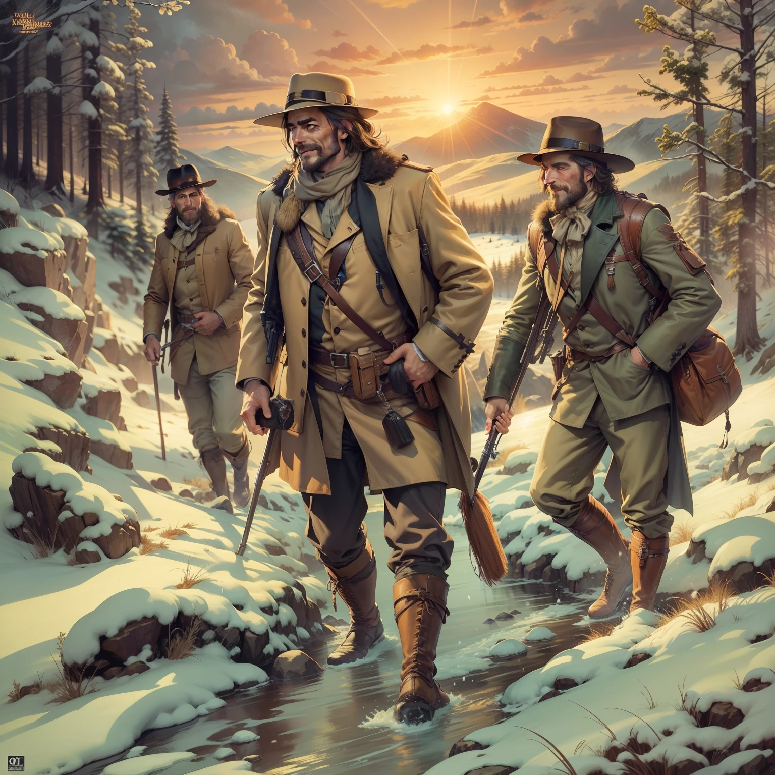 realistic image in highly professional graphic novel style artwork of smiling 19th century male hunters on an expedition in cold mountain weather during sunset