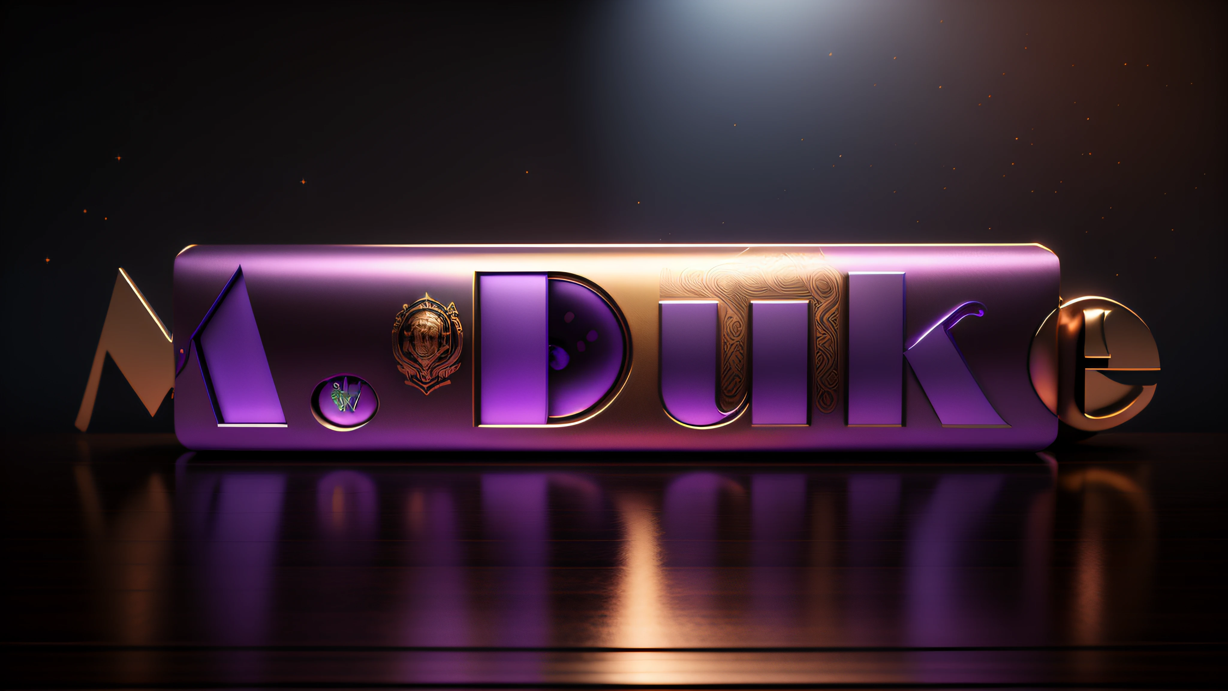 Logo com o nome M.Duke com tema violeta e bronze, 4k, 3d render, hiperrealista, sobre um tabuleiro espelhado de xadrez, NVIDIA, ray-traced, bokeh, depth of field, flares,