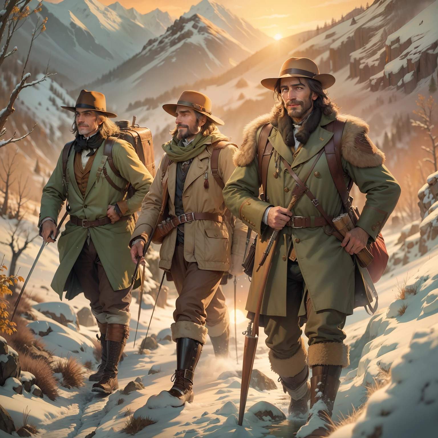 realistic image in highly professional graphic novel style artwork of smiling 19th century male hunters on an expedition in cold mountain weather during sunset