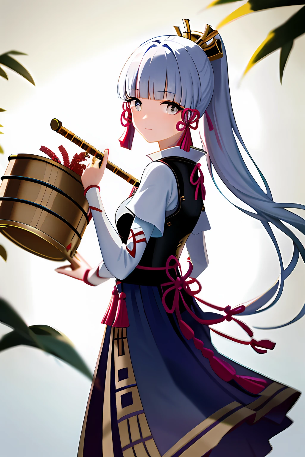 tmasterpiece, High- sharpness, top Quority, A woman in pure traditional Japanese costume plays a flute alone, Medium length brunette female hanging from back of staghorn bamboo basket, A soft smile, Natural, soft lighting.