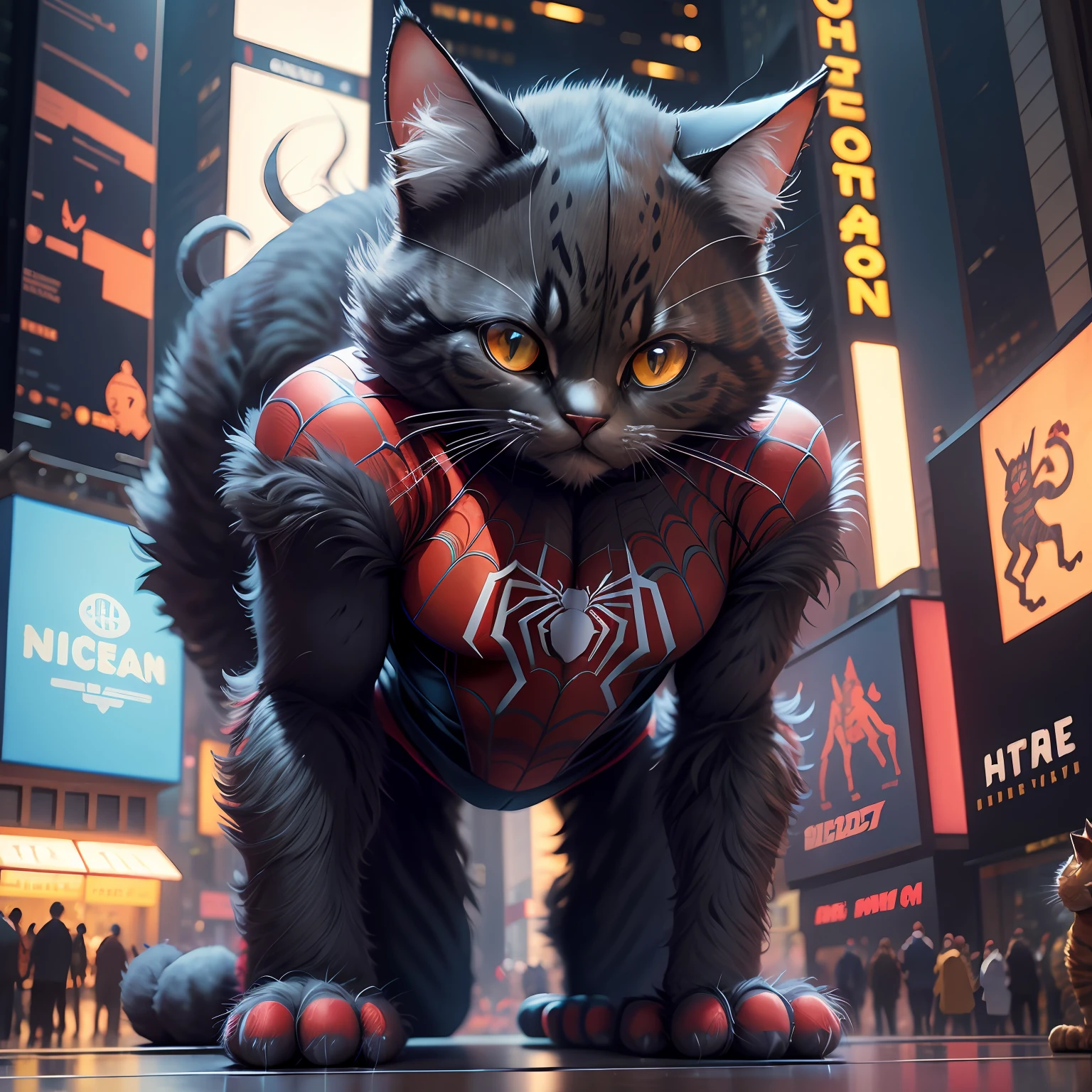 new york, time square, spider man cat, spider man costume cat, fluffy, fuzzy, cuddly, detailed, robotic cat