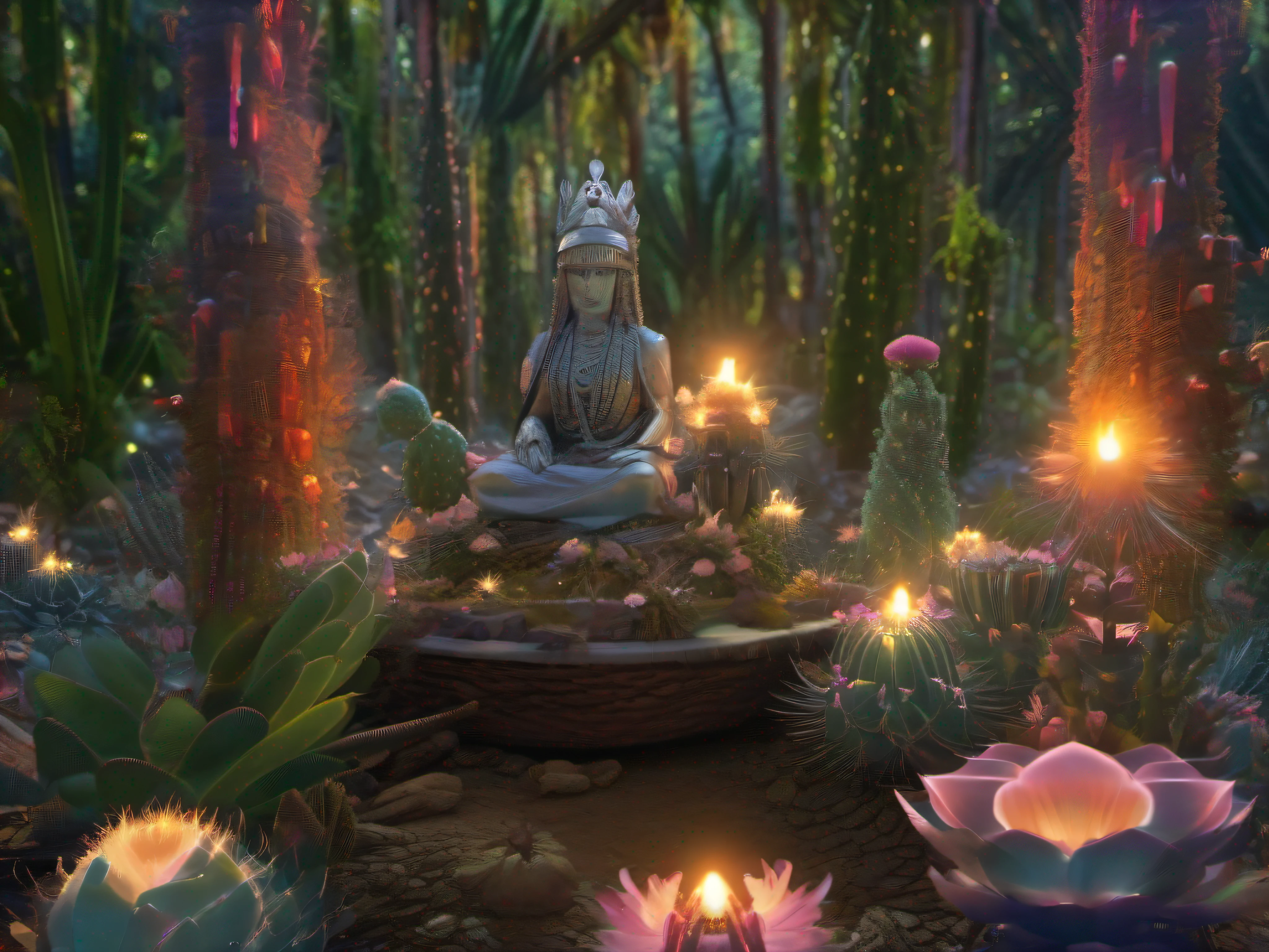 k hd,8K ,Deep in the forest,crystal blossom flower,Fireflies surround,No man's land,glarelight,Ray traching,Pray to the female shaman,waxy candles,sacrifice,Beast bones,Shaman drums,Cogumelos,Magical reality,cacti,