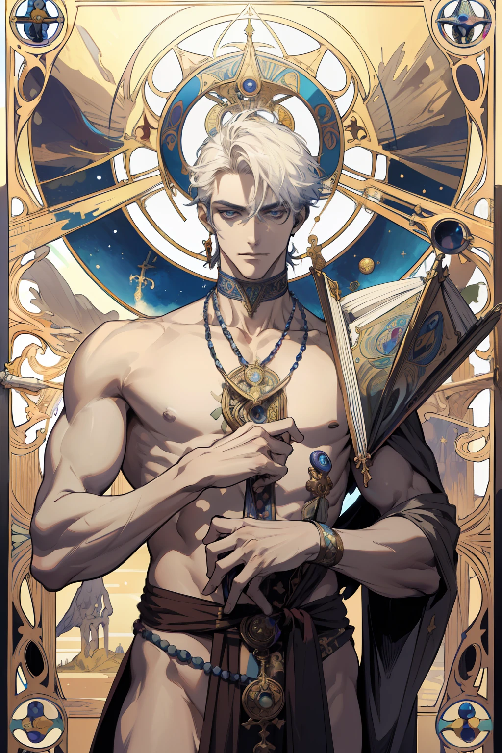 (absurdres, highres, ultra detailed), 1 male, adult, handsome, tall muscular guy, broad shoulders, finely detailed eyes and detailed face, the fool \tarot\, bard, clown, Symbolism, Visual art, Occult, Universal, Vision casting, Philosophical, Iconography, Numerology, Popularity, Artistic, Alfons Mucha