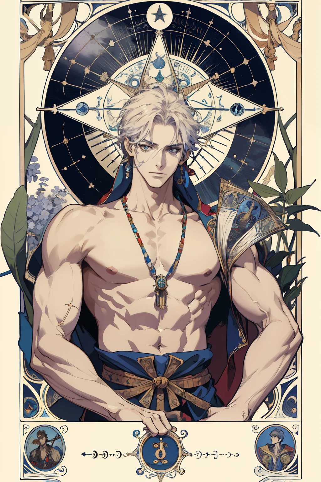 (absurdres, highres, ultra detailed), 1 male, adult, handsome, tall muscular guy, broad shoulders, finely detailed eyes and detailed face, the fool \tarot\, bard, clown, Symbolism, Visual art, Occult, Universal, Vision casting, Philosophical, Iconography, Numerology, Popularity, Artistic, Alfons Mucha