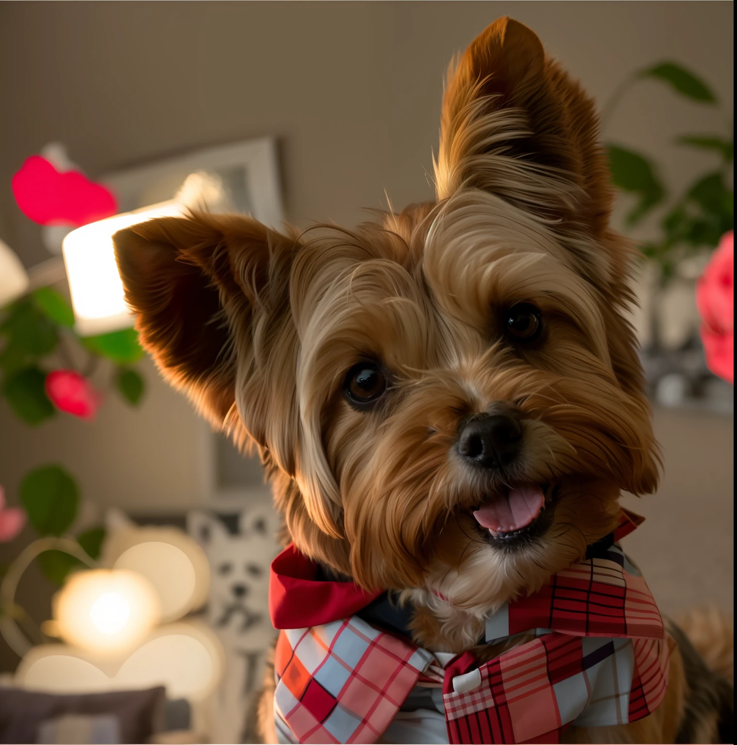 alta resolução, fotorrealista, ultra realista 8k, cinemactic, obra prima, There is a small Yorkshire terrier dog wearing a bow tie and a polo shirt, sorrindo, Alegre, :2, a Sympathetic, aw, Dogs Accepted, very Nice, Kawaii Friendly Dog, olhar penetrante, olhar lindo, olhos pretos, he‘s wearing a red neckerchief, papel de parede!, bowtie, retrato!!, Miko, Feliz!!!, foto retrato, Colo, majo, aw, meninoo, super adorable