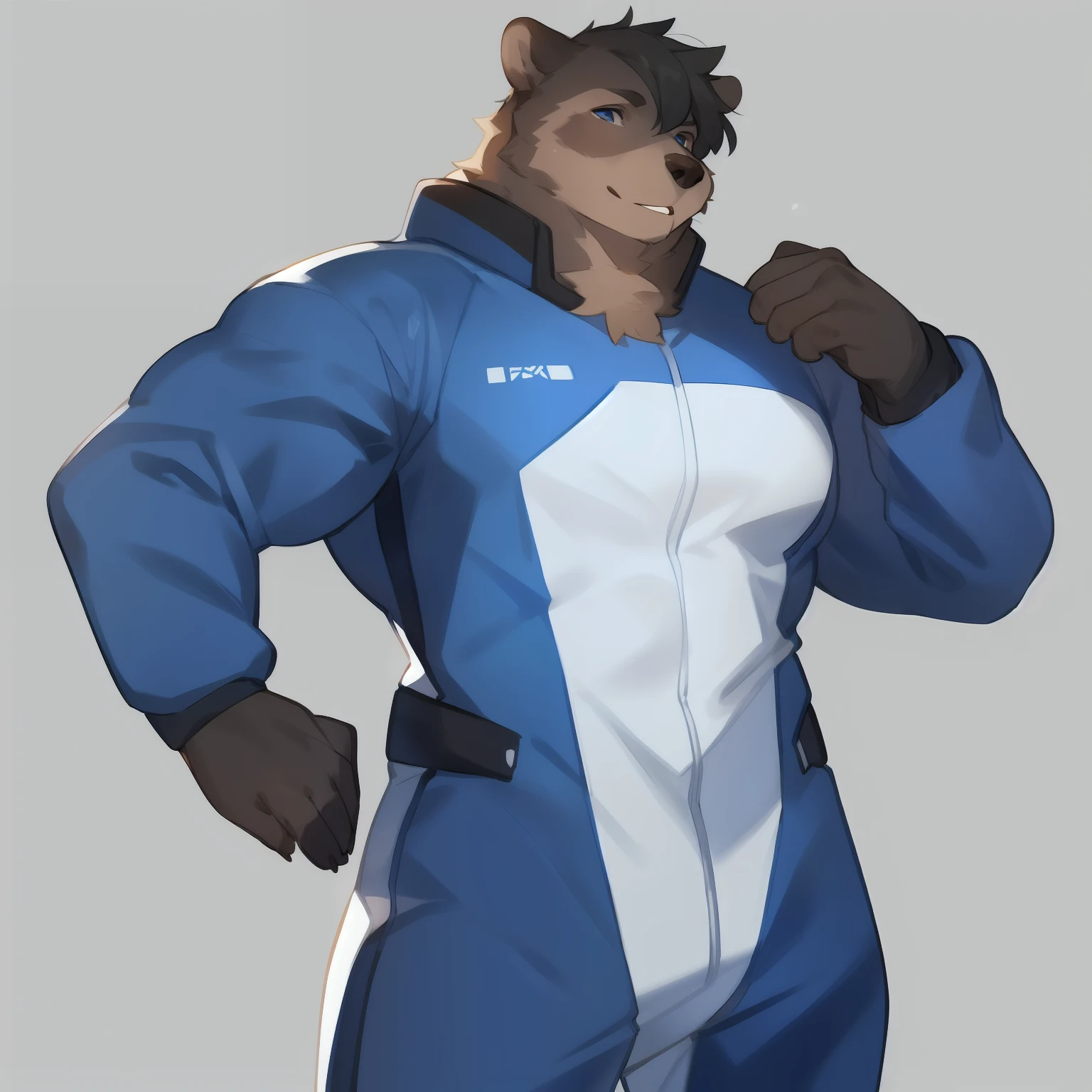 Solo, male, by bebebebebe, by spuydjeks, (((muscular, giant))), standing, grizzly bear, black hair, simple background, blue military spacesuit
